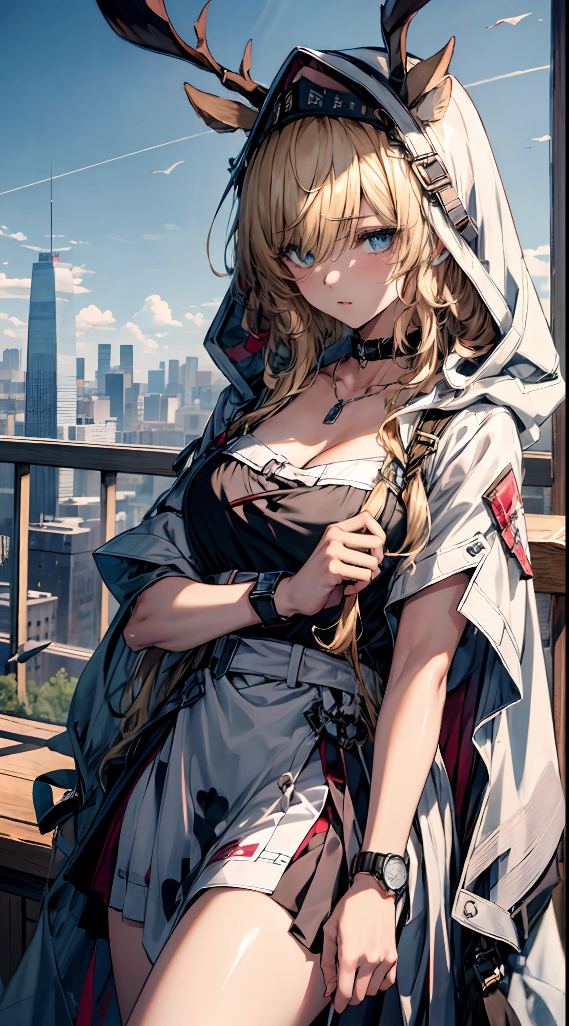 (((Masterpiece))),(incredibly_absurderes),(Best quality),(A high resolution),(Highly detailed),((CG unity 8k wallpaper))，Best quality at best，tmasterpiece，1girll，blond hairbl，messy  hair，curly_Hair，The shirt，a skirt，kawai，JK，Red_bow，Wrist watch，choker necklace，view over city，Original photo of 8K，超高分辨率，highest details，复杂，8K，hdr，