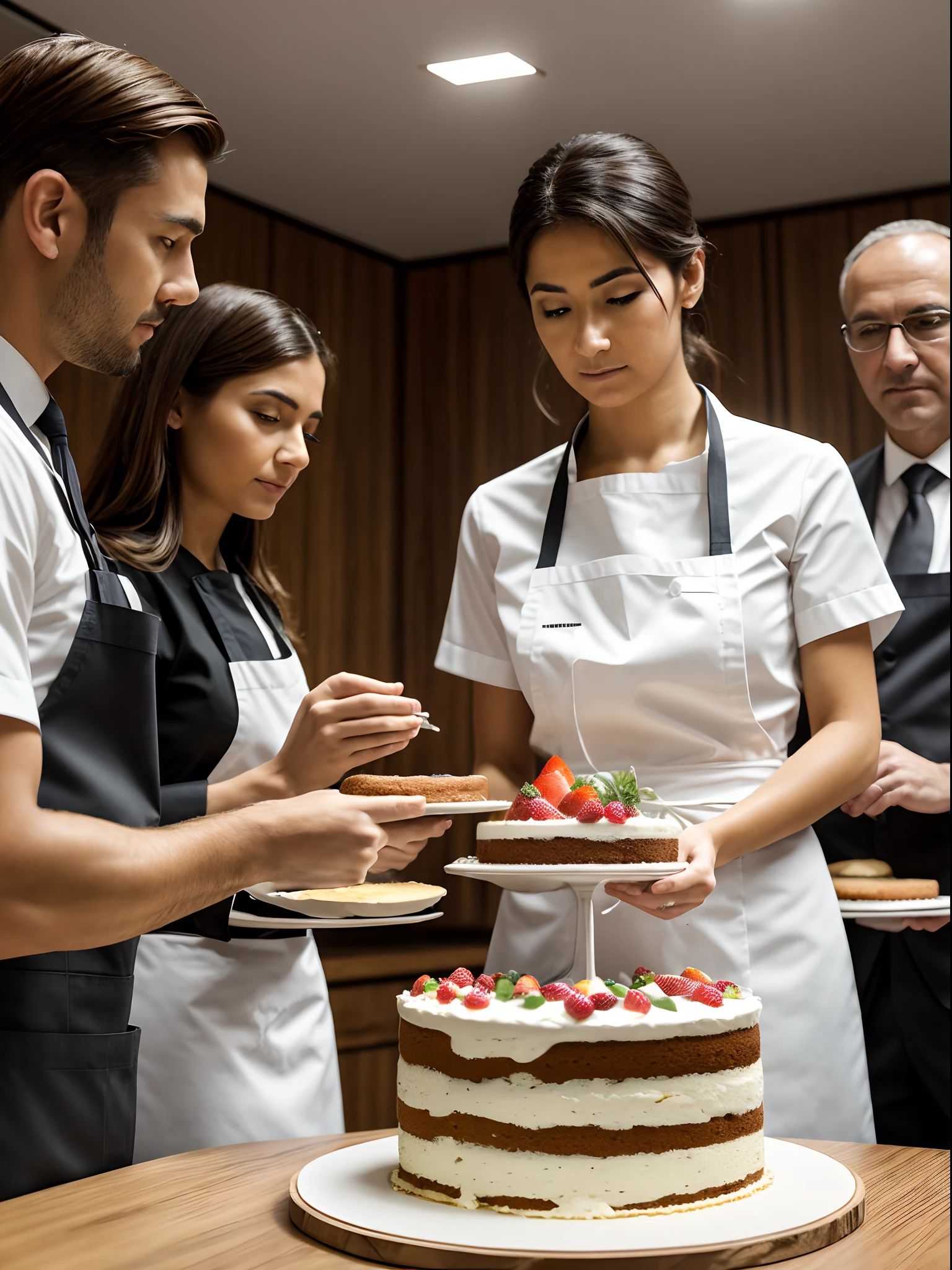 realisitic, top-quality, 8K UHD, Digital SLR, Soft lighting, hightquality, film grains, FujifilmXT3, intricate detailes, depth of fields,  (lighting like a movie),Cooking Contest Jury, Lots of judges looking at the cake, Put your hand on your chin to judge the cake, cake on table, looks up, Retention Binder, Suit, Innovative work, of cooks look worried