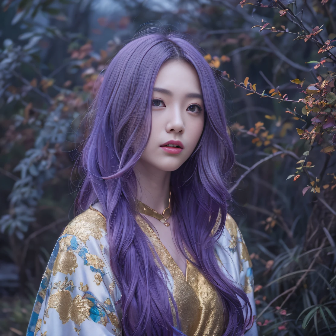 Genki Girl 32K(tmasterpiece,k hd,hyper HD,32K)Long flowing bright purple hair,Autumn Pond,zydink, a color, Asian people (Genki girl), (Silk scarf), Combat posture, looking at the ground, long whitr hair, Floating bright purple, Fire cloud pattern gold tiara, Chinese long-sleeved gold silk garment, (Abstract metaverse splash:1.2), white backgrounid,Lotus vitality protector(realisticlying:1.4),Bright purple hair,Smoke on the road,The background is pure, A high resolution, the detail, RAW photogr, Sharp Re, Nikon D850 Film Stock Photo by Jefferies Lee 4 Kodak Portra 400 Camera F1.6 shots, Rich colors, ultra-realistic vivid textures, Dramatic lighting, Unreal Engine Art Station Trend, cinestir 800,A girl with long flowing bright purple hair