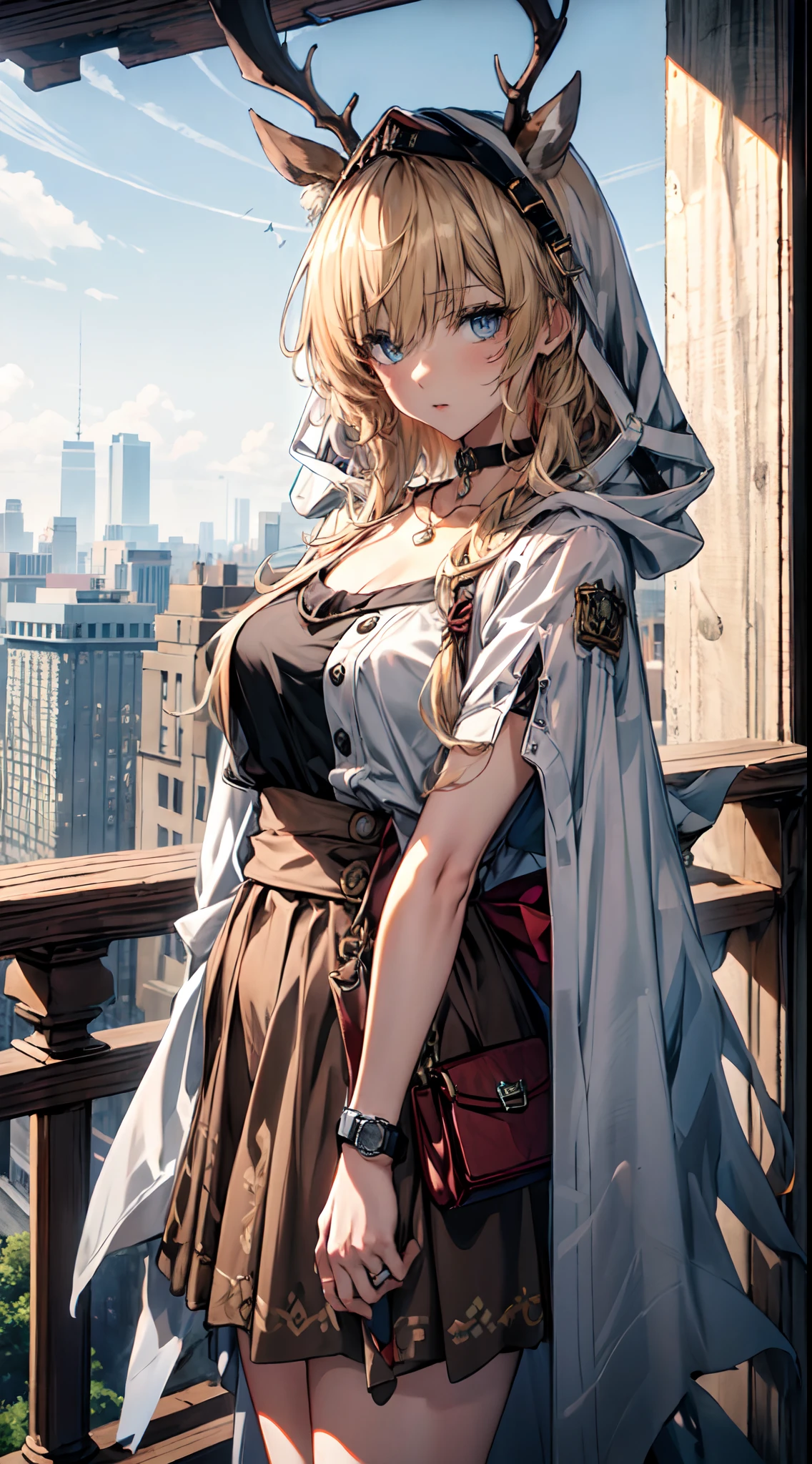 (((Masterpiece))),(incredibly_absurderes),(Best quality),(A high resolution),(Highly detailed),((CG unity 8k wallpaper)),Best quality at best,tmasterpiece,1girll,blond hairbl,messy hair,curly_Hair,The shirt,a skirt,kawai,JK,Red_bow,Wrist watch,choker necklace,view over city,Original photo of 8K,超高分辨率,highest details,复杂,8K,hdr,