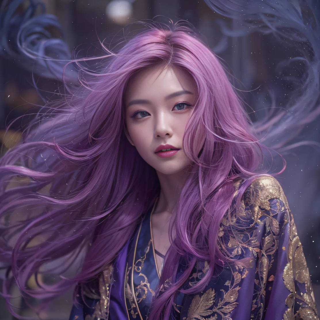 Genki Girl 32K(tmasterpiece,k hd,hyper HD,32K)Long flowing bright purple hair,Autumn Pond,zydink, a color, Asian people (Genki girl), (Silk scarf), Combat posture, looking at the ground, long whitr hair, Floating bright purple, Fire cloud pattern gold tiara, Chinese long-sleeved gold silk garment, (Abstract metaverse splash:1.2), white backgrounid,Lotus vitality protector(realisticlying:1.4),Bright purple hair,Smoke on the road,The background is pure, A high resolution, the detail, RAW photogr, Sharp Re, Nikon D850 Film Stock Photo by Jefferies Lee 4 Kodak Portra 400 Camera F1.6 shots, Rich colors, ultra-realistic vivid textures, Dramatic lighting, Unreal Engine Art Station Trend, cinestir 800,A girl with long flowing bright purple hair