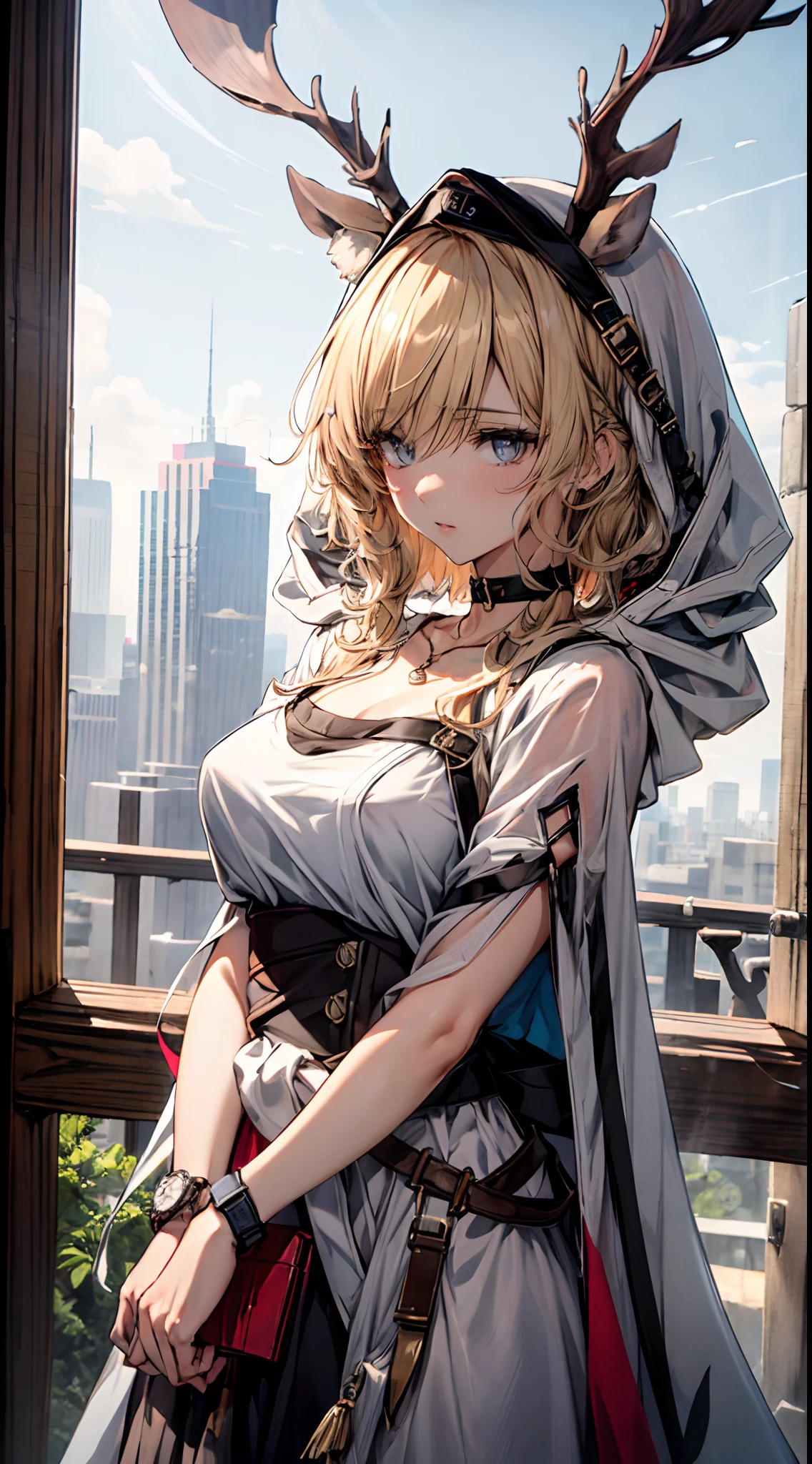 (((Masterpiece))),(incredibly_absurderes),(Best quality),(A high resolution),(Highly detailed),((CG unity 8k wallpaper))，Best quality at best，tmasterpiece，1girll，blond hairbl，messy  hair，curly_Hair，The shirt，a skirt，kawai，JK，Red_bow，Wrist watch，choker necklace，view over city，Original photo of 8K，超高分辨率，highest details，复杂，8K，hdr，