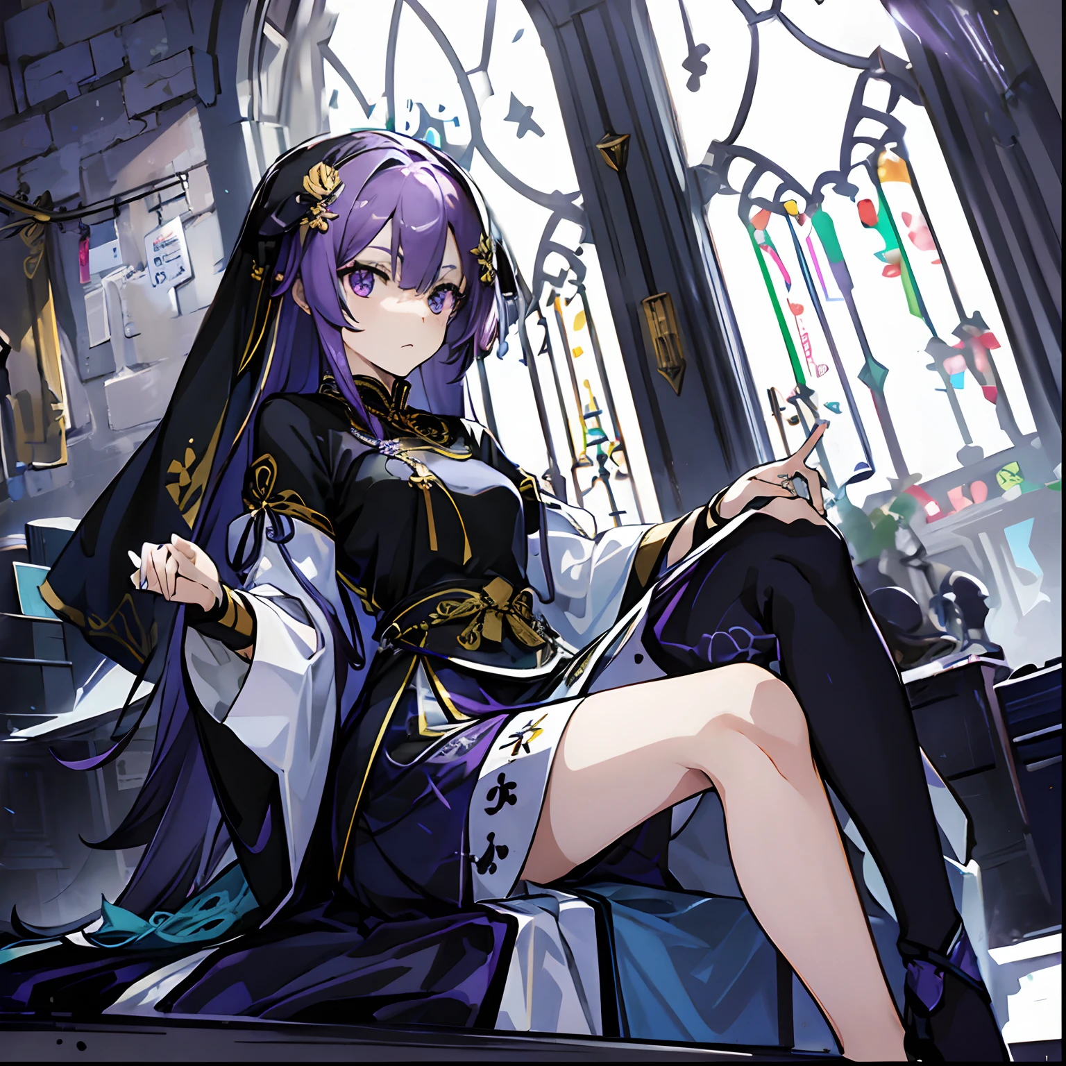 best qualtiy,tmasterpiece,Ultimate Resolution, long purple hair, navy cheongsam, blue ribbon hair ornament