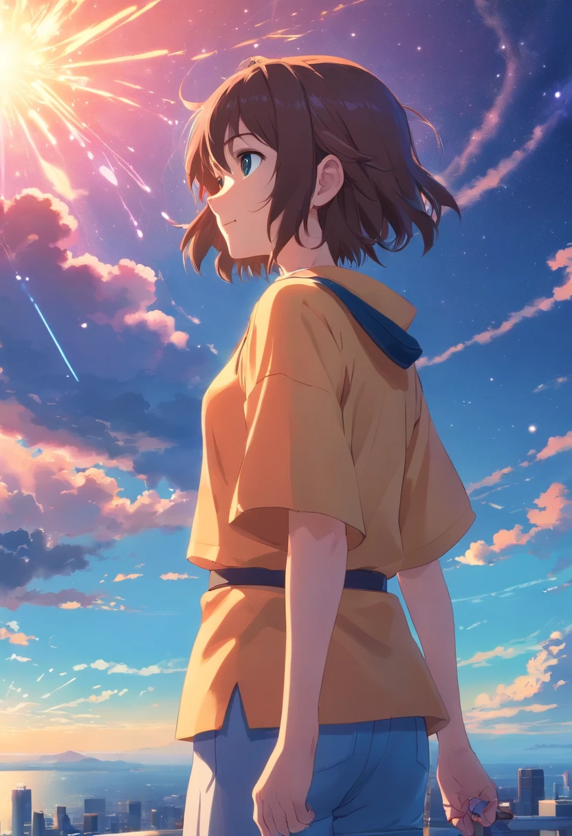 Japanese style manga,tmasterpiece,best qualtiy,cinematic Film still from,1girl,Cloud Girl,Floating in the sky,closeup cleavage,brightly,cheerfulness,Warm and soft lighting,the sunset,(spark of light:0.7)