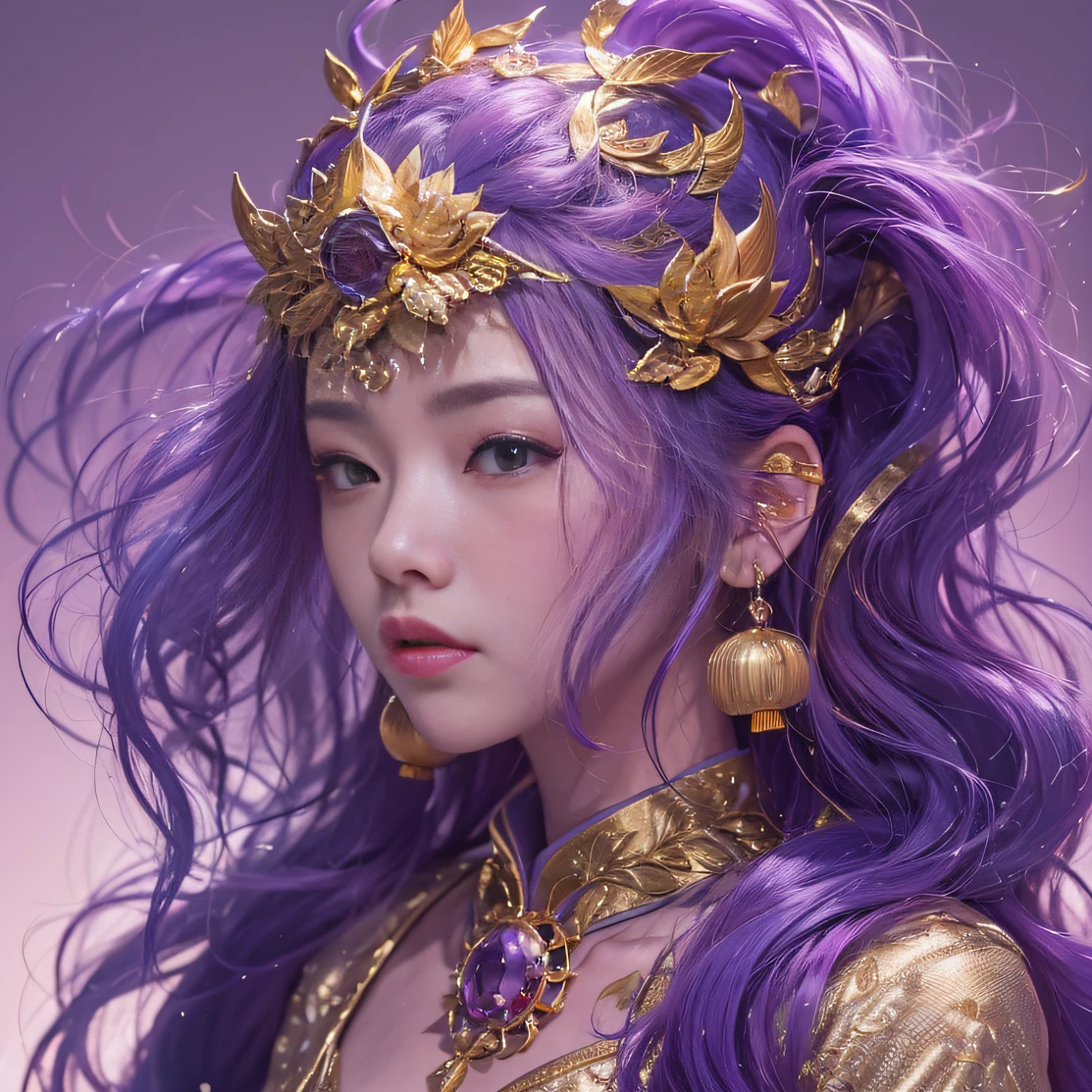 Genki Girl 32K(tmasterpiece,k hd,hyper HD,32K)Long flowing bright purple hair,Autumn Pond,zydink, a color, Asian people (Genki girl), (Silk scarf), Combat posture, looking at the ground, long whitr hair, Floating bright purple, Fire cloud pattern gold tiara, Chinese long-sleeved gold silk garment, (Abstract metaverse splash:1.2), white backgrounid,Lotus vitality protector(realisticlying:1.4),Bright purple hair,Smoke on the road,The background is pure, A high resolution, the detail, RAW photogr, Sharp Re, Nikon D850 Film Stock Photo by Jefferies Lee 4 Kodak Portra 400 Camera F1.6 shots, Rich colors, ultra-realistic vivid textures, Dramatic lighting, Unreal Engine Art Station Trend, cinestir 800,A girl with long flowing bright purple hair