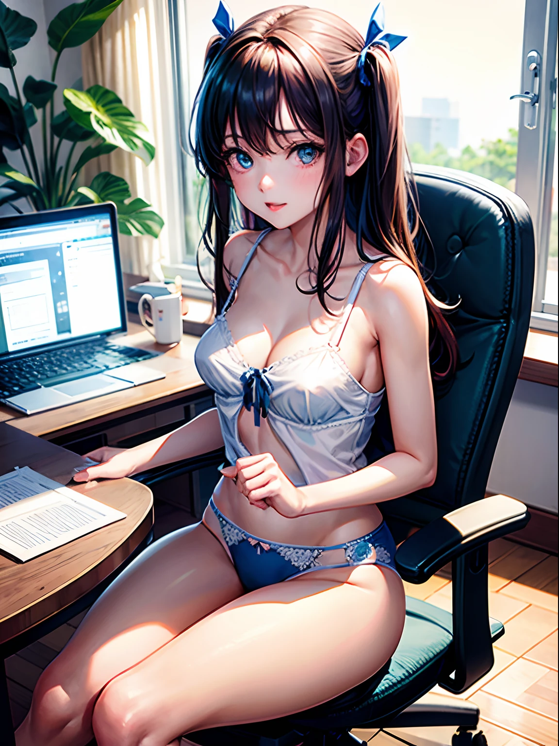 hight resolution, top-quality, masterpiece, ultra-quality, The ultra-detailliert, lighting like a movie、Company Office、Girl in underwear sitting at desk and chair doing paperwork、Light blue panties、Camisole with ribbon、Delicate body、small tits、