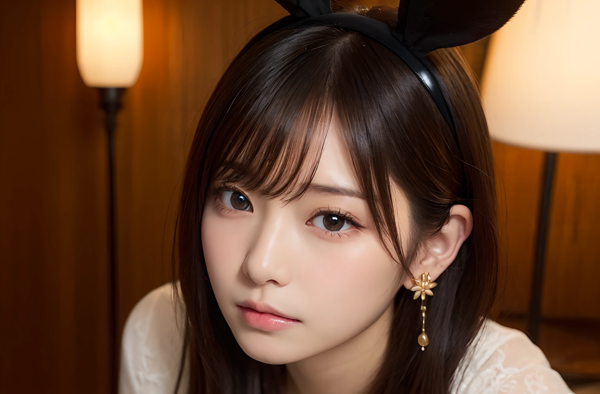 (masutepiece:1.5)、(top-quality:1.5)、(16k wallpaper:1.2)、(Photorealsitic:1.2)、(ultra-detailliert:1.2)、(超A high resolution:1.2)、Inside the love hotel、on the beds、(One guy、One Japan Woman、Having sex:1.3)、(clean breasts :1.2)、super-detaild skin、Detailed and clean eyes、Natural Color Lip、(Black rabbit earbands:1.3)、Panting face、Semi-long bob hair、large full breasts、Golden earrings、Seen from the side、(Blushing)