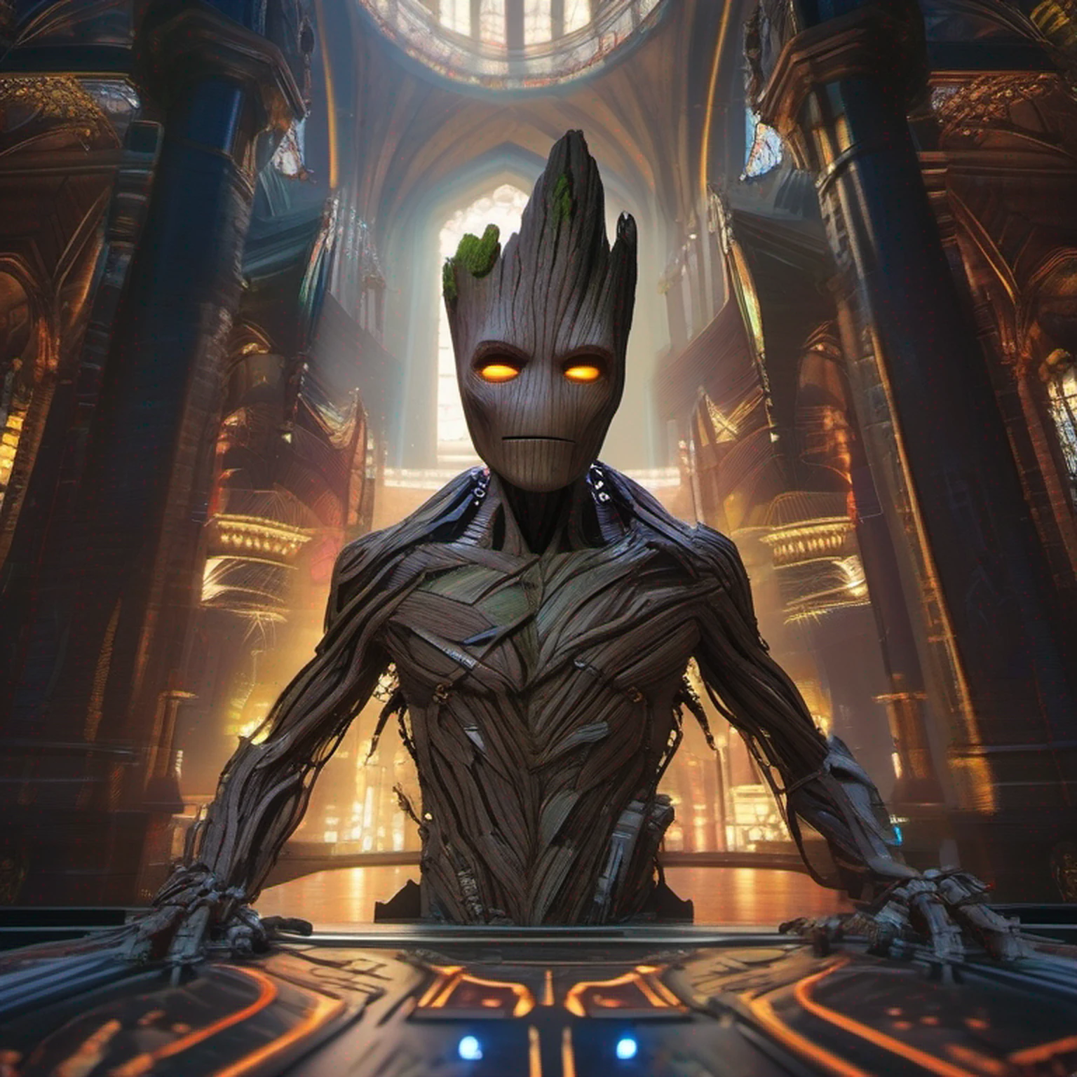 Portrait, Groot from Marvel, biomechanical, complex robot, full growth, hyper-realistic, insane small details, extremely sharp lines, cyberpunk aesthetic, masterpiece presented at Zbrush Central, gothic brutalist cathedral, cyberpunk, award-winning photo, bokeh, neon lights, cybernetic limb