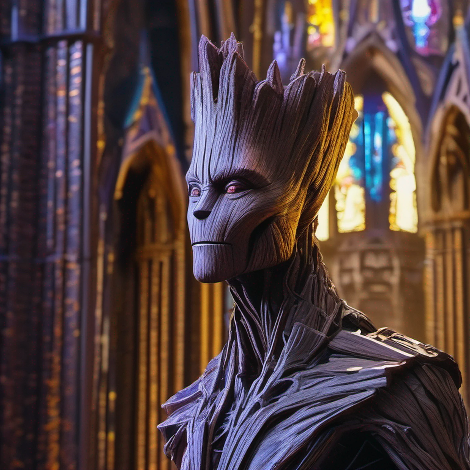 Portrait, Groot from Marvel, biomechanical, complex robot, full growth, hyper-realistic, insane small details, extremely sharp lines, cyberpunk aesthetic, masterpiece presented at Zbrush Central, gothic brutalist cathedral, cyberpunk, award-winning photo, bokeh, neon lights, cybernetic limb