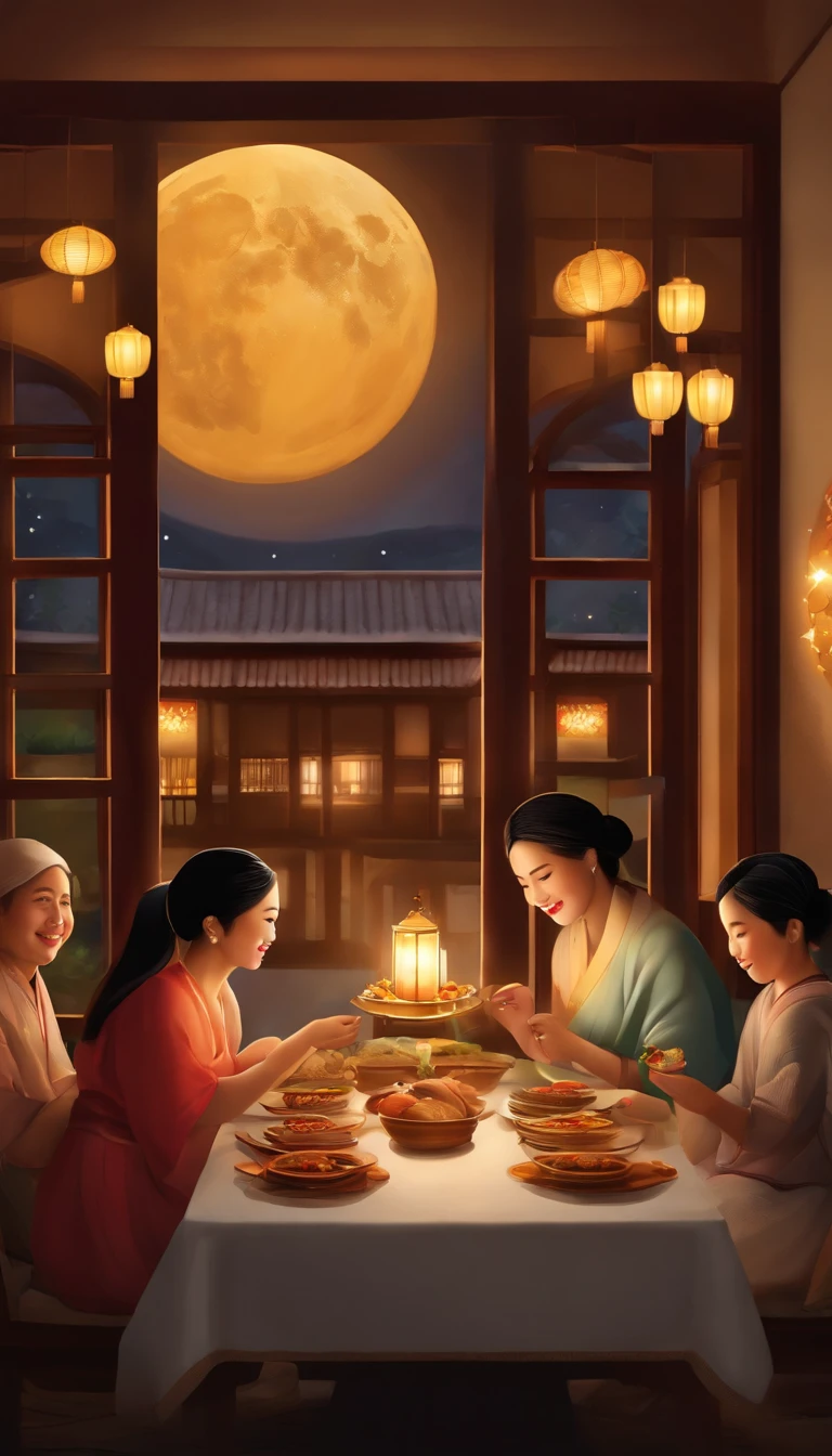 A family sitting together, enjoying a festive dinner, surrounded by a warm and cozy atmosphere. The room is beautifully decorated with lanterns, symbolizing the joy of the Mid-Autumn Festival. The table is filled with various delicious dishes, including traditional mooncakes. The moonlight shines through the window, casting a soft glow on everyone's faces. The family members are smiling and talking, expressing their love and happiness on this special occasion. The artwork is created using the finest materials, such as oil painting or high-resolution digital rendering, ensuring the highest quality and detail. The colors are vibrant and vivid, creating a visually stunning representation of the festive celebration. The lighting is carefully designed, with a focus on capturing the warm and serene ambiance of the gathering. The artwork is a masterpiece, with ultra-detailed elements and a realistic, photorealistic style. The moon in the night sky is depicted as a perfect circle, representing the full moon of the Mid-Autumn Festival. The scene is filled with joy, love, and togetherness, capturing the essence of the holiday.