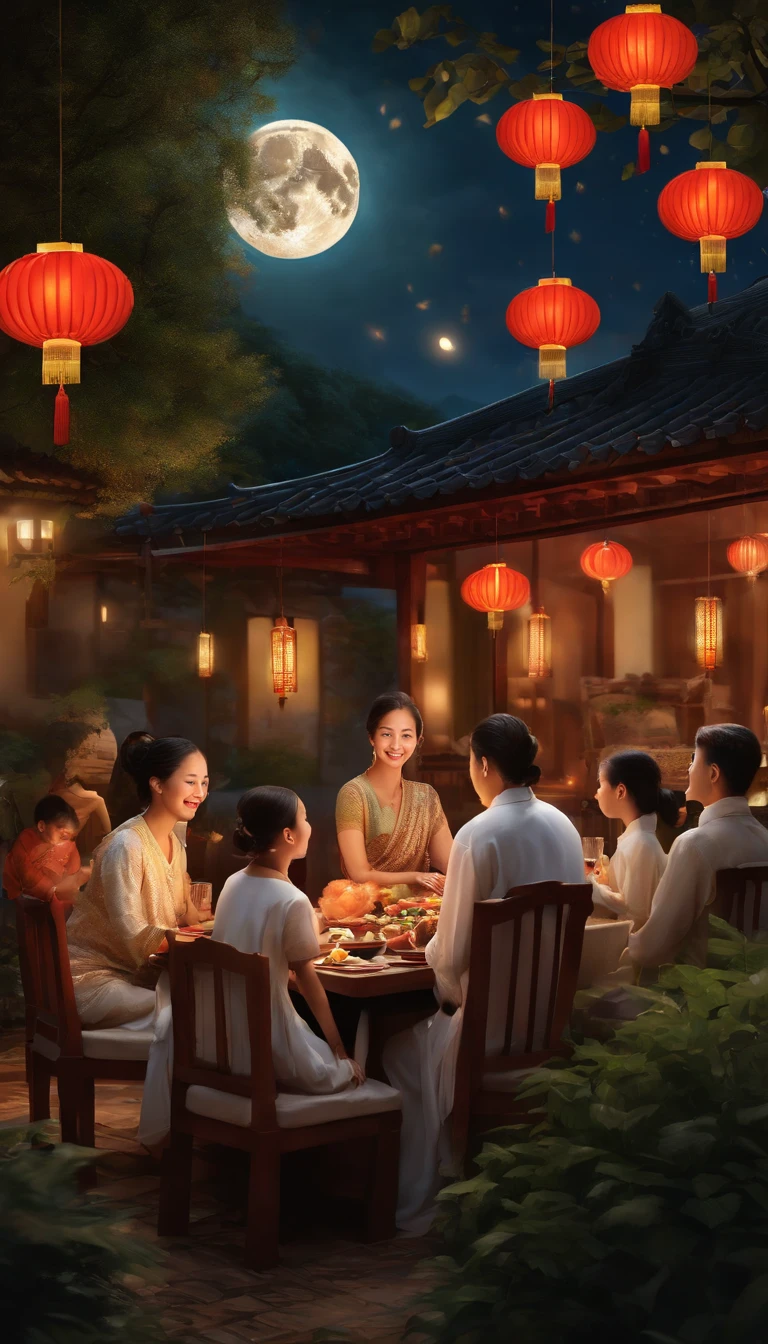 A family sitting together, enjoying a festive dinner, surrounded by a warm and cozy atmosphere. The room is beautifully decorated with lanterns, symbolizing the joy of the Mid-Autumn Festival. The table is filled with various delicious dishes, including traditional mooncakes. The moonlight shines through the window, casting a soft glow on everyone's faces. The family members are smiling and talking, expressing their love and happiness on this special occasion. The artwork is created using the finest materials, such as oil painting or high-resolution digital rendering, ensuring the highest quality and detail. The colors are vibrant and vivid, creating a visually stunning representation of the festive celebration. The lighting is carefully designed, with a focus on capturing the warm and serene ambiance of the gathering. The artwork is a masterpiece, with ultra-detailed elements and a realistic, photorealistic style. The moon in the night sky is depicted as a perfect circle, representing the full moon of the Mid-Autumn Festival. The scene is filled with joy, love, and togetherness, capturing the essence of the holiday.