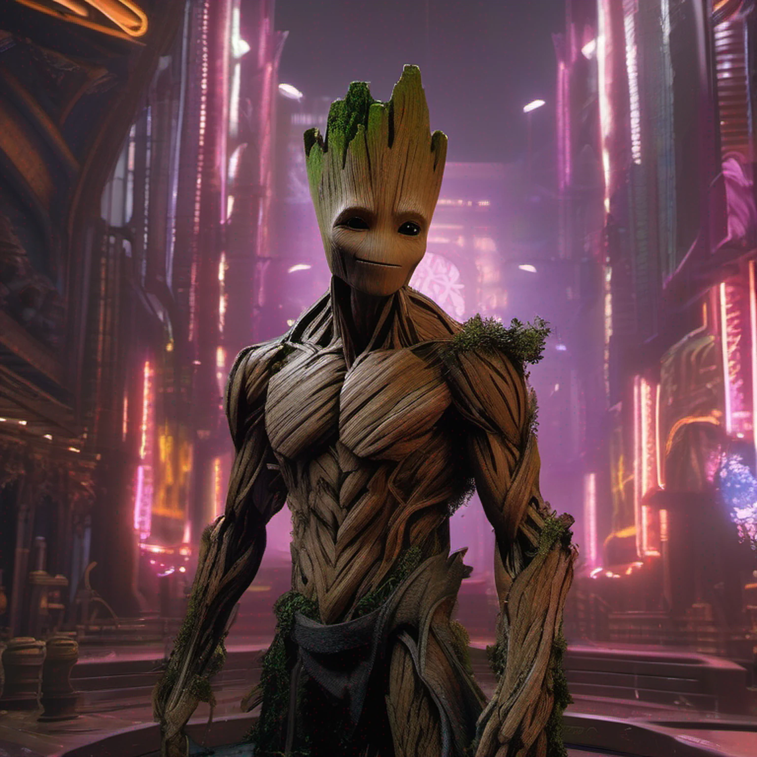 GrootAlpha, front view, (masterpiece), high details, ultra-realistic, (a mature strong groot), cross arms, in a space station, neon, spread legs, bulge, blurry background, fast, 32k, looking at viewer <lora:GrootAlpha_GOTG:0.8>