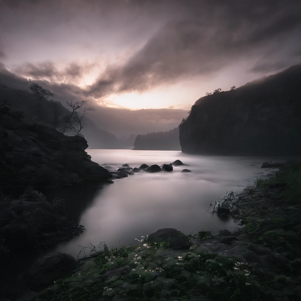 Magnificent view，Forest mountain landscape photography，Nature，It just rained，Bushes in the moonlight，Turquoise blue water，Boulders of various shapes，Alpine cliffs，1 white Phalaenopsis orchid，Minimalist cyan black and white gray tones，foggy sky，Nightmare vision， Dark fantasy plot，Perfect and excellent composition，8K分辨率，the detail，Rain trails，dampness，water stain，very wide angle shot，Jack Guzman's environmental art photography，realisticlying，cinematic compositions，Volumetriclighting，vividness, A detailed, stunning skies, Colorful clouds float，true to life, Pubic area is clear, flawless perfection, Digital SLR, 16k, 1024, 2048, 4096, A detailed, Sharp, best qualtiy, high qulity, absurderes，unmanned background，The is very detailed、Detailed lighting shadows，Trends on ArtStation、iintricate、high detal、dramatics、Midjourney Art（Volumetriclighting：1.2）hdr shot。（Faraway view，Super deep view，ultra-wide-angle，Microfocal length lens：1.2）（realisticlying：1.4）tmasterpiece、high high quality、Beautiful photography、globalillumination、