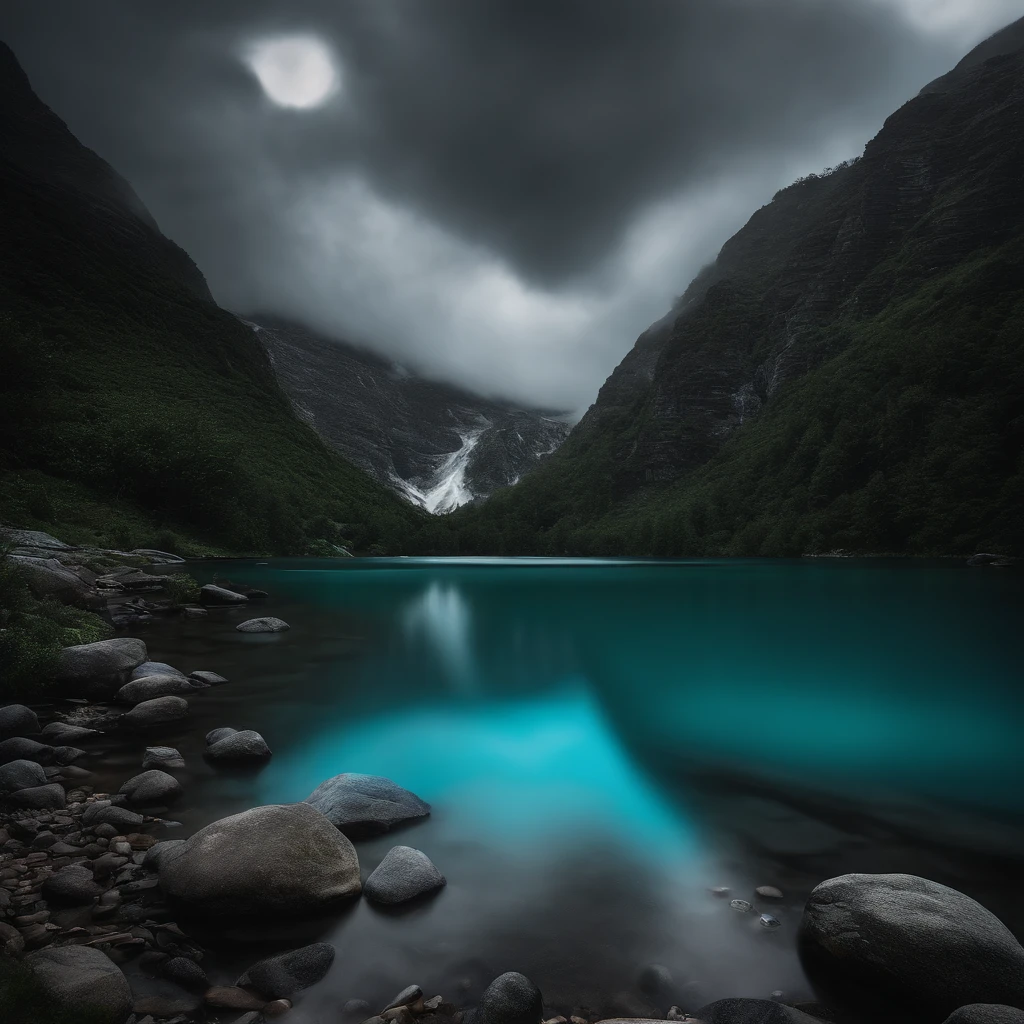 Magnificent view，Forest mountain landscape photography，Nature，It just rained，Bushes in the moonlight，Turquoise blue water，Boulders of various shapes，Alpine cliffs，1 white Phalaenopsis orchid，Minimalist cyan black and white gray tones，foggy sky，Nightmare vision， Dark fantasy plot，Perfect and excellent composition，8K分辨率，the detail，Rain trails，dampness，water stain，very wide angle shot，Jack Guzman's environmental art photography，realisticlying，cinematic compositions，Volumetriclighting，vividness, A detailed, stunning skies, Colorful clouds float，true to life, Pubic area is clear, flawless perfection, Digital SLR, 16k, 1024, 2048, 4096, A detailed, Sharp, best qualtiy, high qulity, absurderes，unmanned background，The is very detailed、Detailed lighting shadows，Trends on ArtStation、iintricate、high detal、dramatics、Midjourney Art（Volumetriclighting：1.2）hdr shot。（Faraway view，Super deep view，ultra-wide-angle，Microfocal length lens：1.2）（realisticlying：1.4）tmasterpiece、high high quality、Beautiful photography、globalillumination、