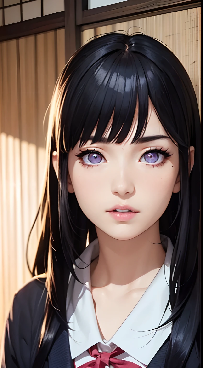 JK girl, girl wearing Japanese girls' school uniform, 8K, very high image quality, film texture, realistic, eating Japanese food, Japanese background, depth of field, tatami room, warm lighting, bow on chest, Blunt bangs, long hair over the shoulder, (playful eyes), double eyelids, deepening of the tail of the eyes, lying silkworm, bracelet on the wrist, scarlet lips, sparkling lips with texture,dark blue hair,fine skin texture, purple sparkling pupils, (((eyes looking at the camera)))), slender fingers, ((round face)), ( ((small lips)))