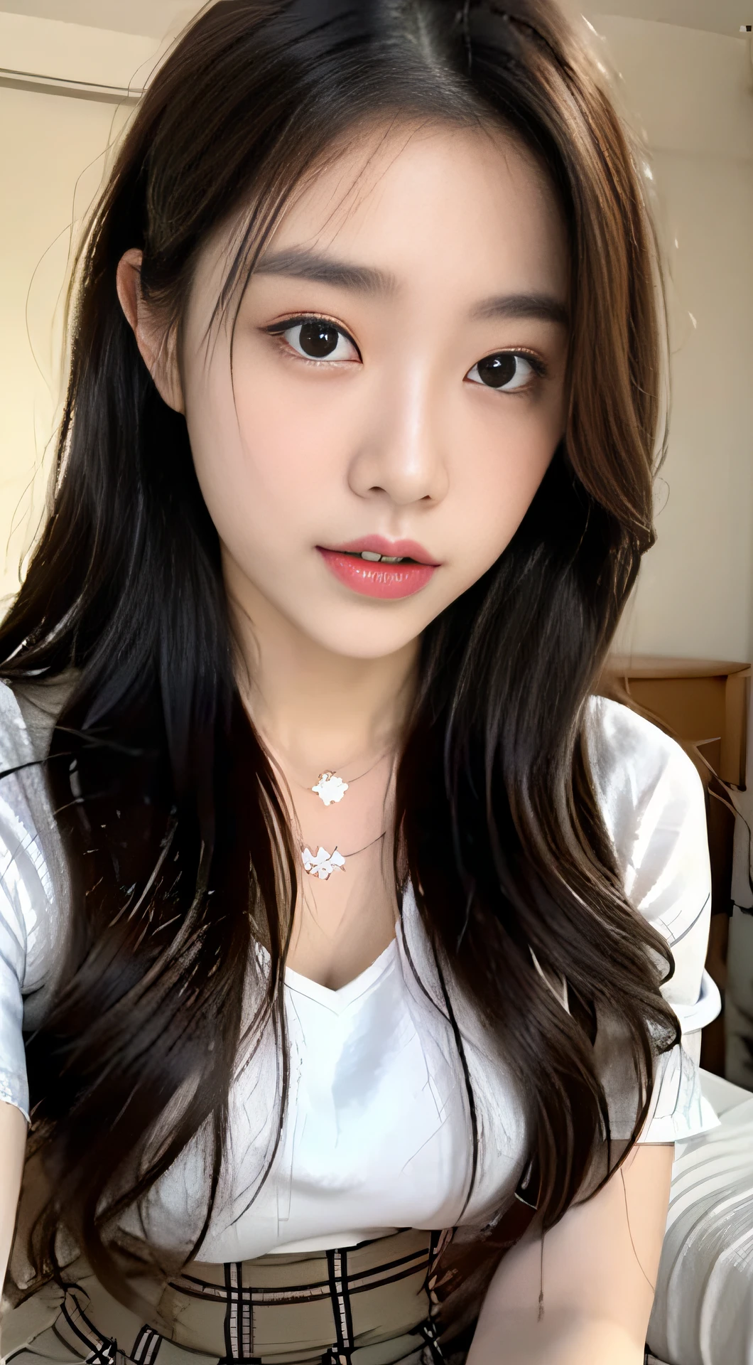 ((top-quality,8K,tmasterpiece:1.3)),Beautuful Women,Hide your face,1个Giant Breast Girl,full bodyesbian,big breasts beautiful:1.3,Slender abs:1.1,White shirt,The kinky is exposed,full,longblackhair,(sitting on his knees on the bed),legs separated,Plaid miniskirt,Japanese high school uniform,Super detailed face,Highly detailed lips,Detailed eyes,二重まぶた,Strict head and body ratios:1.5,