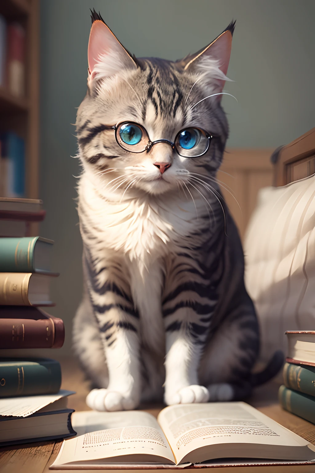 There is a cat with glasses sitting on a book, anime visual of a cute cat, anime cat, realistic anime cat, intellectual cat, lovely digital painting, Cute detailed digital art, cute detailed artwork, adorable digital art, A cute cat, With glasses, Kawaii cat, cute artwork, Cute anime,