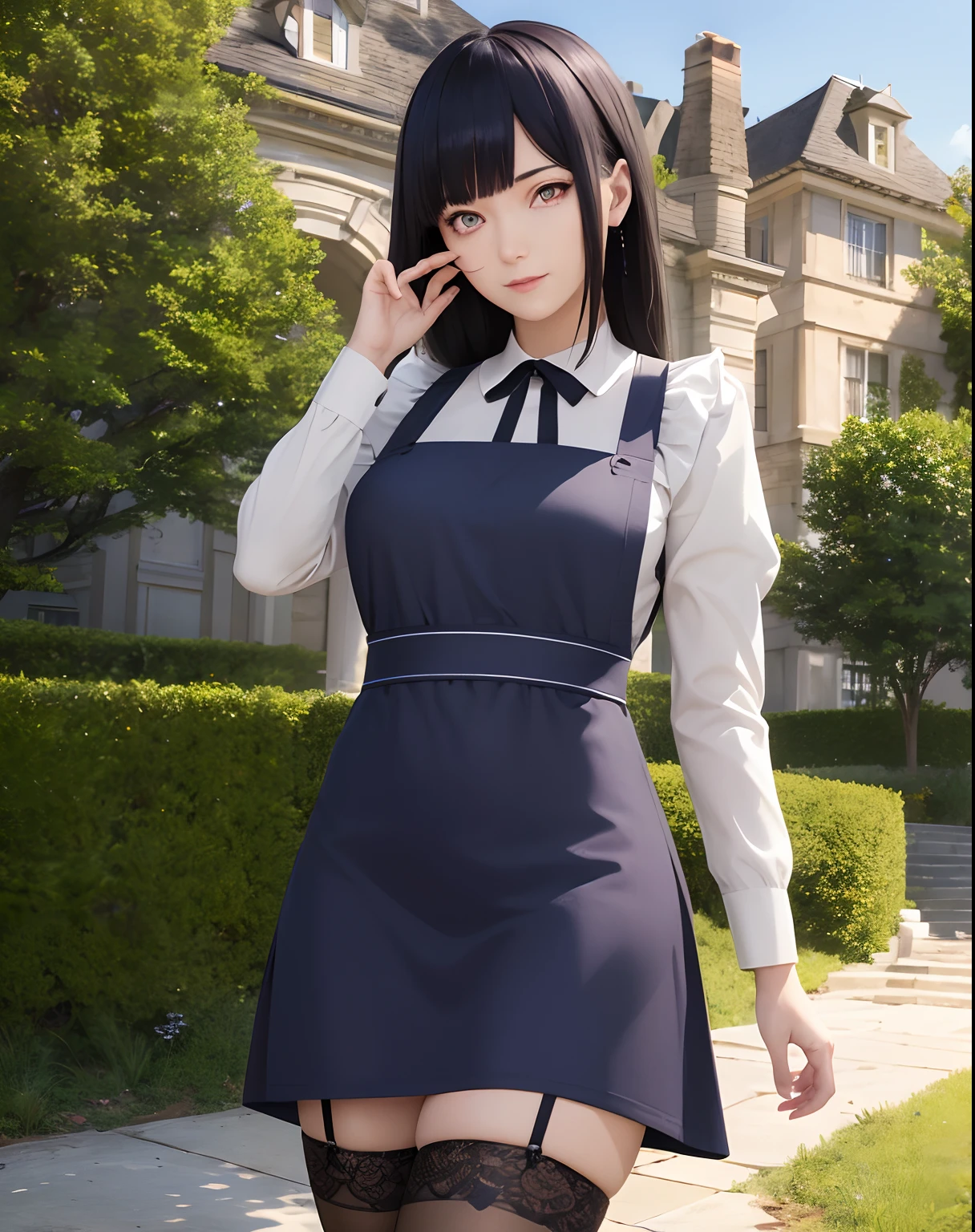 masterpiece, best quality, ultra-detailed, illustration, epic lighting, cinematic composition, colorful, sharp:1.3, 1girl, medium dark blue hair, (hair over one eye:1.3), eyes_visible_through_hair, purple eyes, roswaal_mansion_maid_uniform, apron, white thighhighs, garter straps, standing, upper body, outdoors, mansion, summer, garden, flowers, trees, grass, bushes, sunlight, (extremely detailed CG:1.2), (8k:1.1),