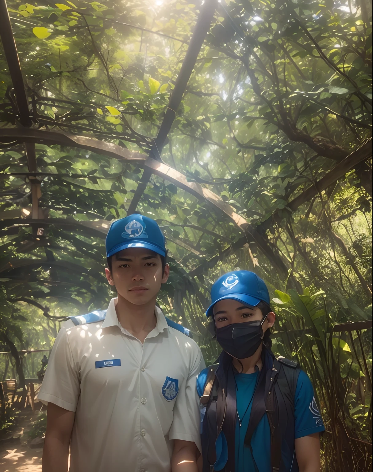 A cute girl wearing mask and a boy,both of them in deep blue uniform  standing under a pergolated structure, amidst of nature fully covered, shot on iphone 1 3 pro max, shot on iphone 1 3 pro, foto, taken on iphone 1 3 pro, shot on nikon z9, taken in zoo, wpol and sarasti, taken on iphone 14 pro, in jungle forest !!!, professional