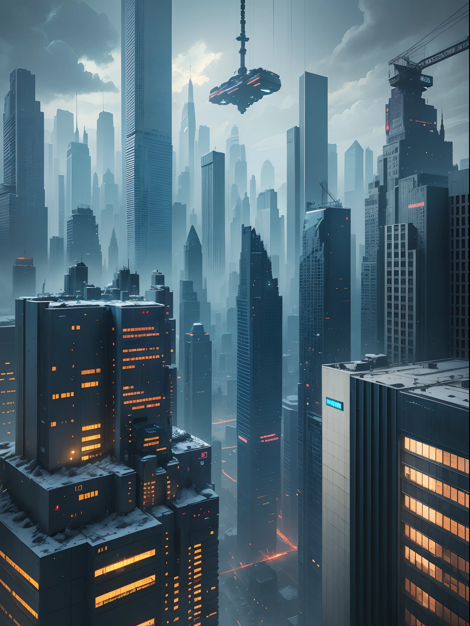 Cold futuristic cityscape,((Cyborg)),(Irregular building),Machinary,(cyber punk perssonage),(Suspension train),UAVs,realistic illumination,(Abyss)tmasterpiece,high qulity,Beautiful graphics,high detal,