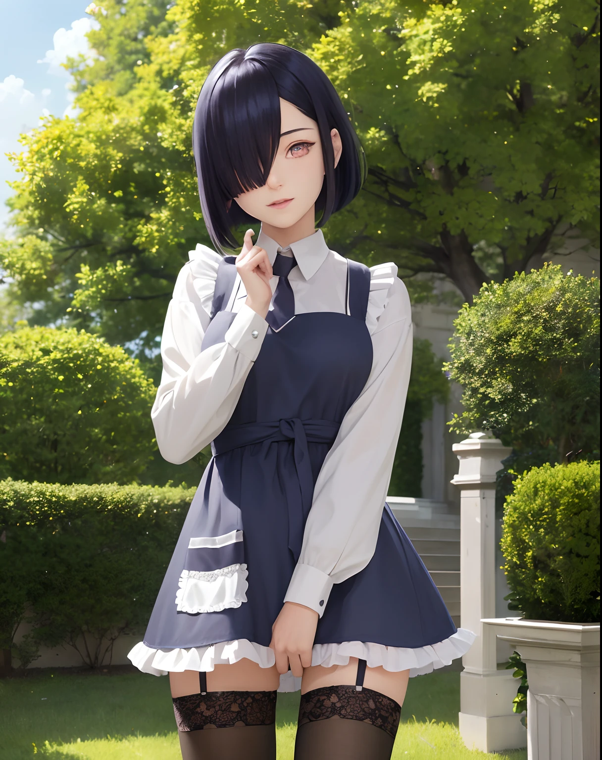 masterpiece, best quality, ultra-detailed, illustration, epic lighting, cinematic composition, colorful, sharp:1.3, 1girl, medium dark blue hair, (hair over one eye:1.3), eyes_visible_through_hair, purple eyes, roswaal_mansion_maid_uniform, apron, white thighhighs, garter straps, standing, upper body, outdoors, mansion, summer, garden, flowers, trees, grass, bushes, sunlight, (extremely detailed CG:1.2), (8k:1.1),