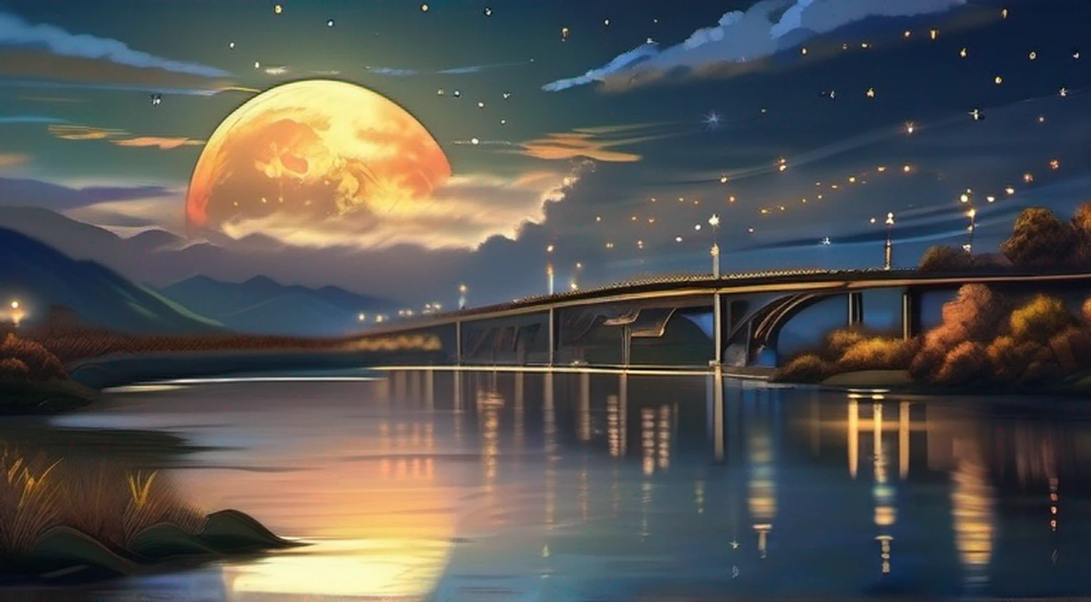 A painting of a river with stars and moon in the sky, concept art inspired by Tosa Mitsuoki, pixiv contest winner, best quality, fantasy art, beautiful anime scene, golden moon. A bright moon, starry sky environment under the moonlight, dream painting, anime background art, fantasy landscape art, dreamy night, anime background, background artwork, dreamy art, atmospheric anime, starry sky, details enhanced.