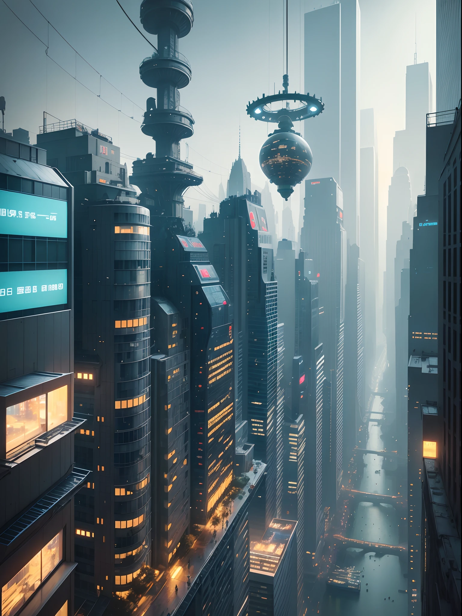 Cold futuristic cityscape,((Cyborg)),(Irregular building),Machinary,(cyber punk perssonage),(Suspension train),UAVs,realistic illumination,(Abyss)tmasterpiece,high qulity,Beautiful graphics,high detal,