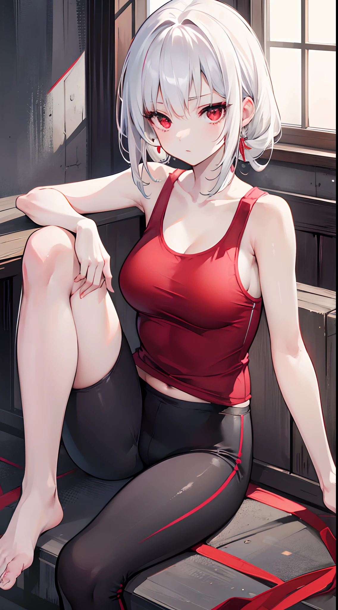 Hyper detailing, realistic, 1girl, tank top, tight, hight resolution, sitting, looking at camera, white hair, red eyes, slender, smallboobs