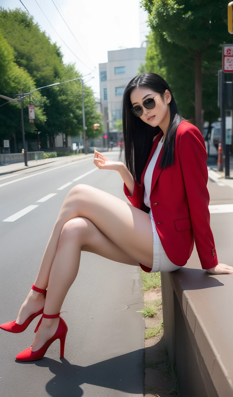A Japanese Lady、beauitful face、Long Black Hair、Black sunglasses、Red suit、、Micro shorts、Red heel、beauty legs、Raw feet、tall、long legged、Pretty leg model pose、Sit up、cross one's legs、Leg braids、Gesture of crossing legs