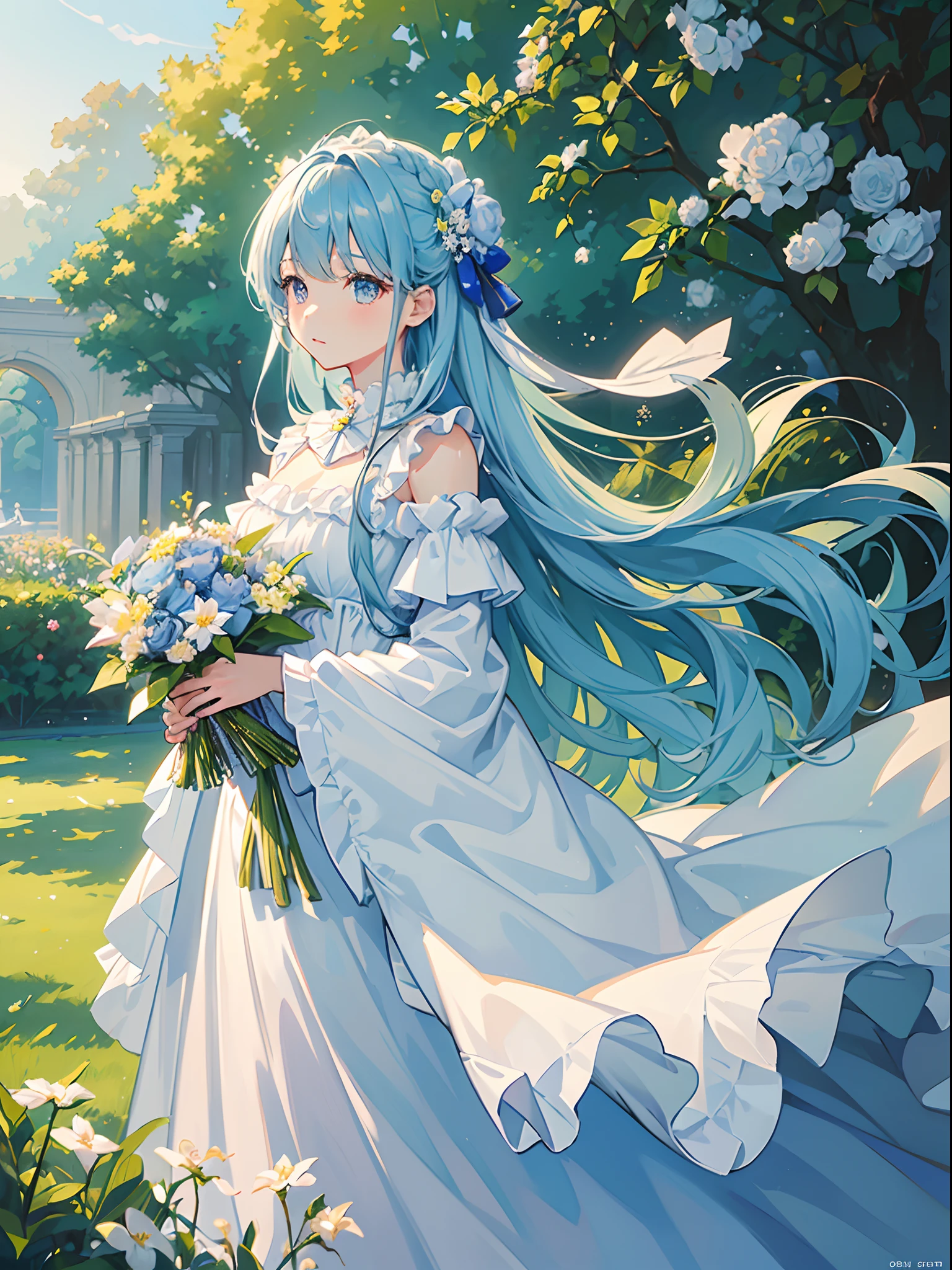 (masterpiece、top-quality、illustratio、Extremely high quality、high-level image quality、Extremely sensitive writing)Light blue long-haired girl standing in beautiful flowery garden、She has a large bouquet、Cute national costume style dress with ruffles on the shoulders、Hair fluttering in the wind