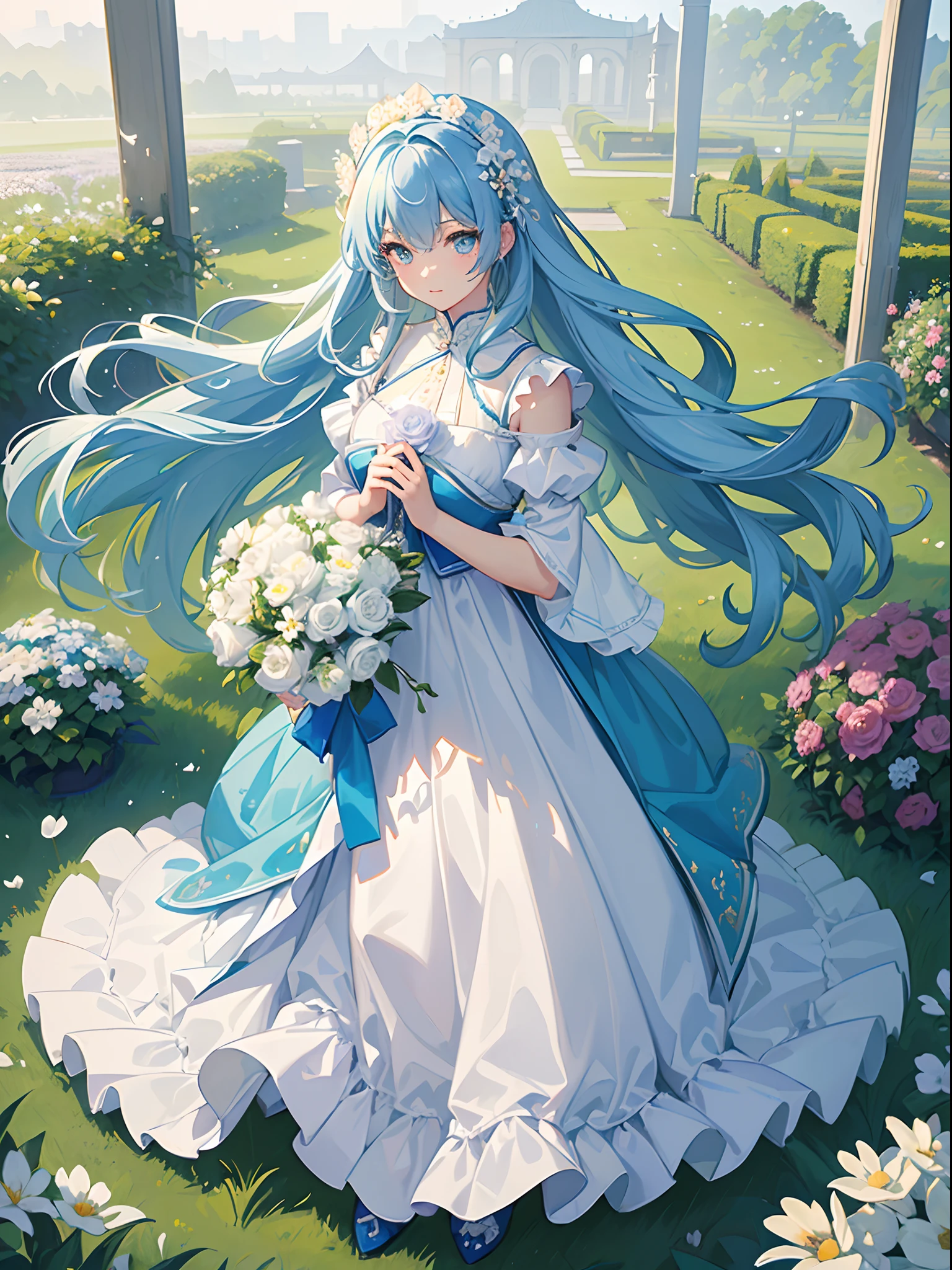 (​masterpiece、top-quality、illustratio、Extremely high quality、high-level image quality、Extremely sensitive writing)Light blue long-haired girl standing in beautiful flowery garden、She has a large bouquet、Cute national costume style dress with ruffles on the shoulders、Hair fluttering in the wind