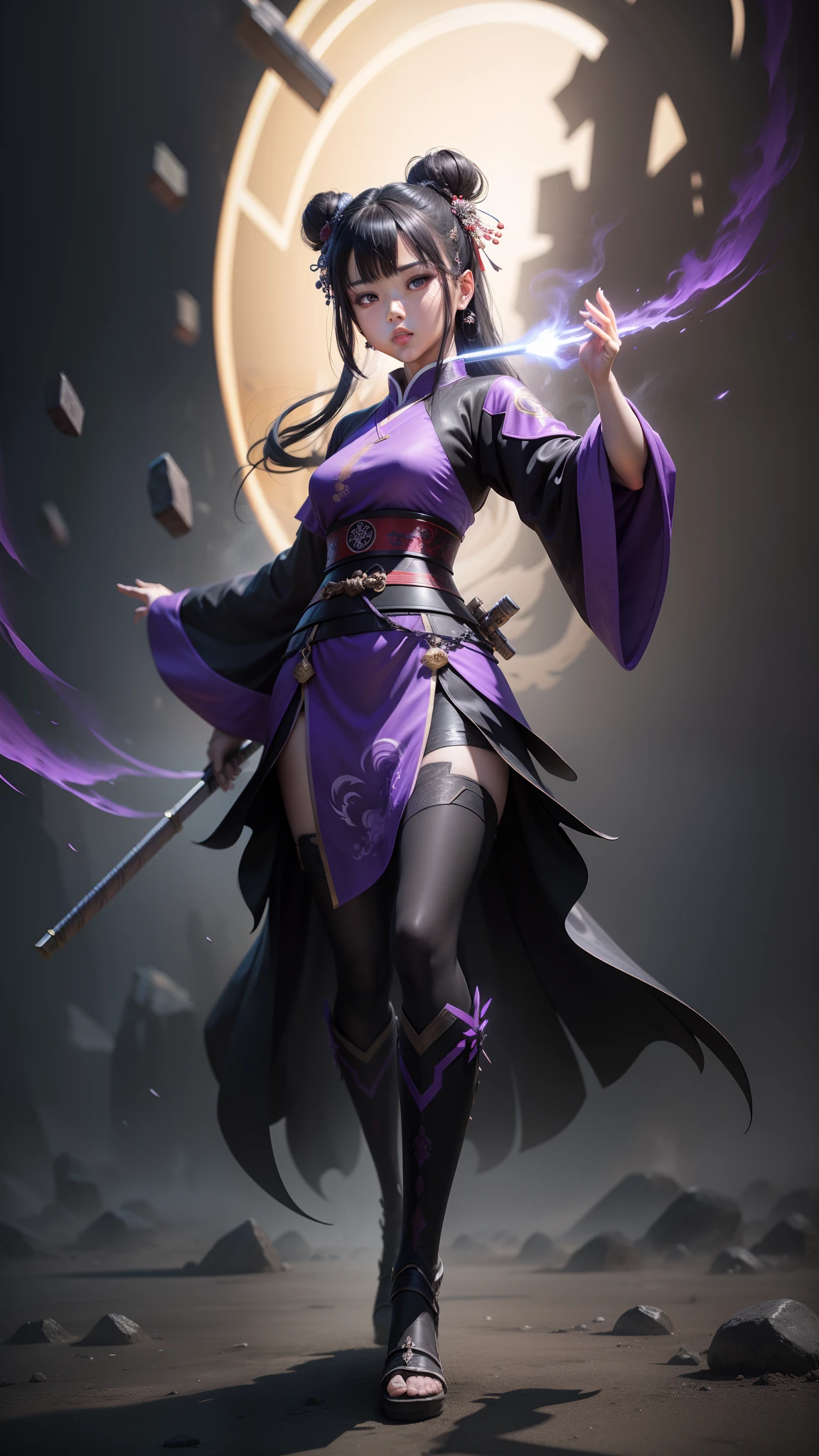 a Chinese handsome girl, sharp eyes, clear facial features, dressed in Hanfu, in battle, in the middle of black smoke flow, covered with purple smoke, Surrounded by runes, martial arts actionholographic display, holographic halodynamic blur, game light effects, rim light, soft light, film edge light, fine glossCyberpunk style, Oil painting texture, full length shot, 3D art, ultradetailed, futurism HD