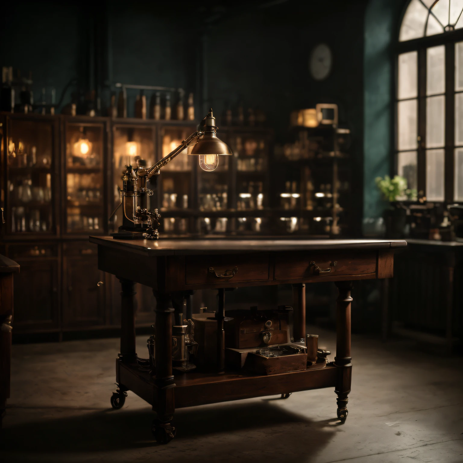 there is a table with a lamp on it in a room, in a darkly lit laboratory room, in a steampunk laboratory, magic laboratory setting, mysterious laboratory, apothecary, fantasy alchemist laboratory, alchemy laboratory, magic lab background, set photo, old kitchen backdrop angled view, alchemist library background, he is in a alchemist lab, cinematic studio shot, alchemist lab