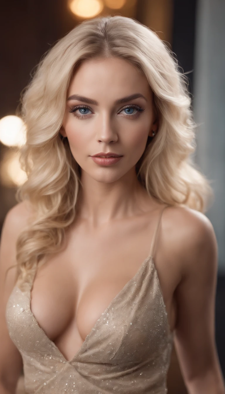 A beautiful blonde woman,standing on your feet,high-heels,The legs are long and white,curlies, Blue eyes, Tanned skin, huge breasts, Wearing a low-cut top, in a club, hyperdetailed, full bodyesbian