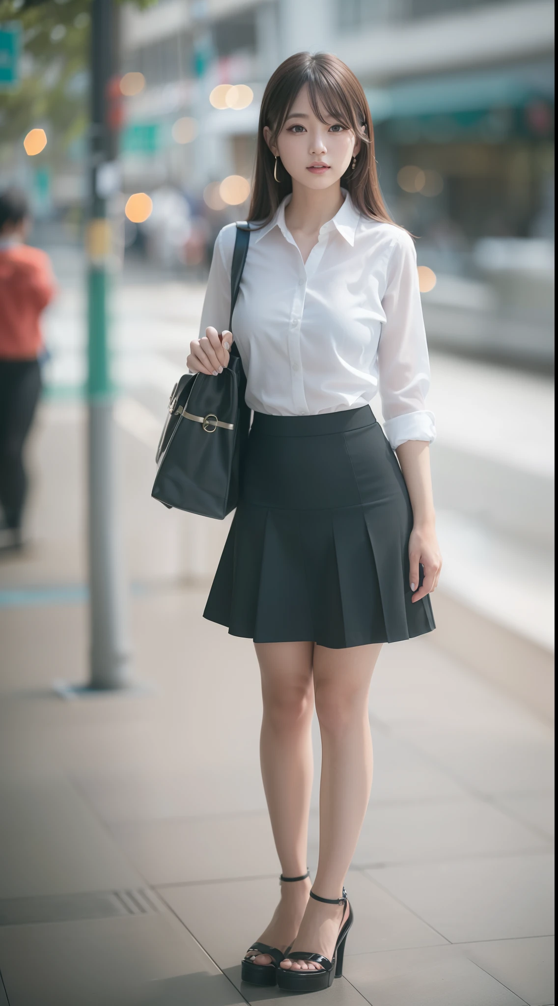 Attractive lonely woman in white collar shirt and tight skirt in the city、Asian woman smiling at Alafe,、1 persons、Young Pretty Gravure Idol, Colossal tits、Young skinny gravure idol, Realistic Young Gravure Idol, Young Sensual Gravure Idol, Photorealistic: 1.5、japanes, drooping eyes: 1.3, Perfect proportions, Portrait, ((Nikon Student) (Photo)) (8K, FujifilmXT3, masutepiece, ((Real Skin)) (No retouching, Lip gloss, False eyelashes, Real Skin, Highest Quality, Ultra-high resolution, depth of fields, chromatic abberation, Caustics) , Wide Lighting, Natural Shading))