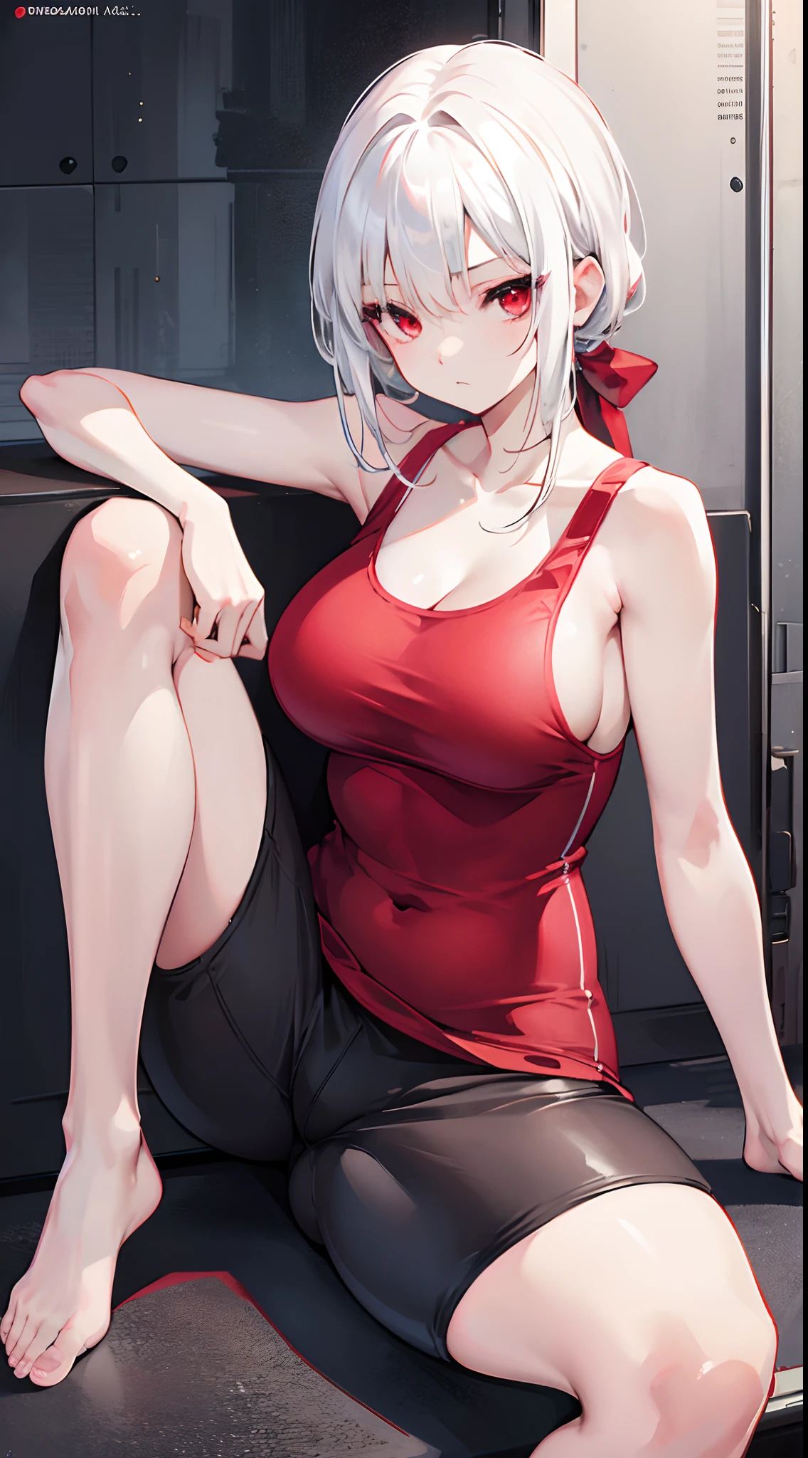Hyper detailing, realistic, 1girl, tank top, tight, hight resolution, sitting, looking at camera, white hair, red eyes, slender, smallboobs