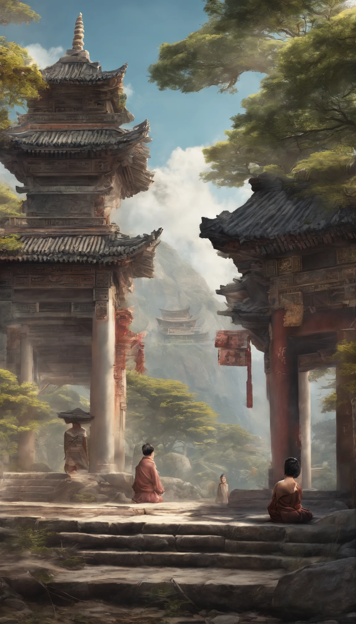 Quaint Han Dynasty style temple,(There was an ancient Chinese monk who sat and meditated(closeup cleavage)),(Meditate),zazen,age-old tree,falling leaf,(Chinese landscape painting style),(Pastel ink painting),(8k wallpaper),(light and shadow effect),rendering by octane,White balance design,Extremely detailed picture depiction,wide angles,depth of fields,tmasterpiece,realisticlying,Beautifully depicted,A detailed,acurate,Works of masters,tmasterpiece