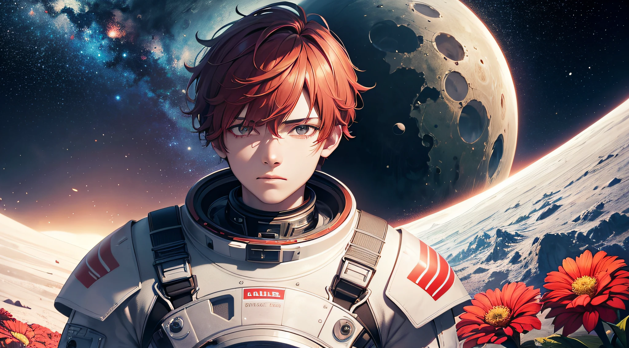 8k, masterpiece, extreme detail, expressive image, 1male, teenager, red short hair, gray eyes, sad, half body, astronaut with helmet, front face, on the moon, holding flowers, outerspace, asteroids, floating debris, supernova, ultra defined, stardust, beautiful scenery