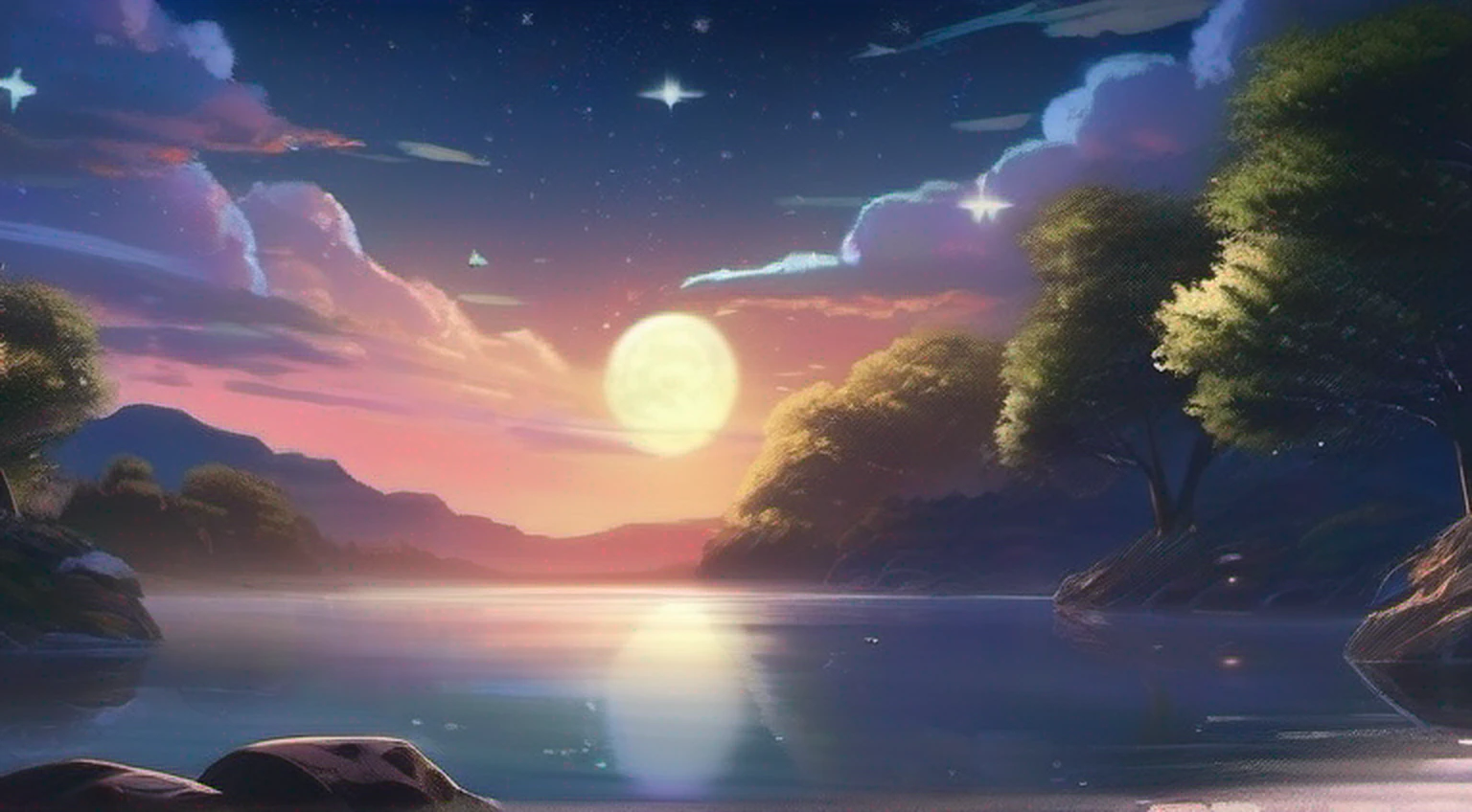 A painting of a river with stars and moon in the sky, concept art inspired by Tosa Mitsuoki, pixiv contest winner, best quality, fantasy art, beautiful anime scene, golden moon. A bright moon, starry sky environment under the moonlight, dream painting, anime background art, fantasy landscape art, dreamy night, anime background, background artwork, dreamy art, atmospheric anime, starry sky, details enhanced.