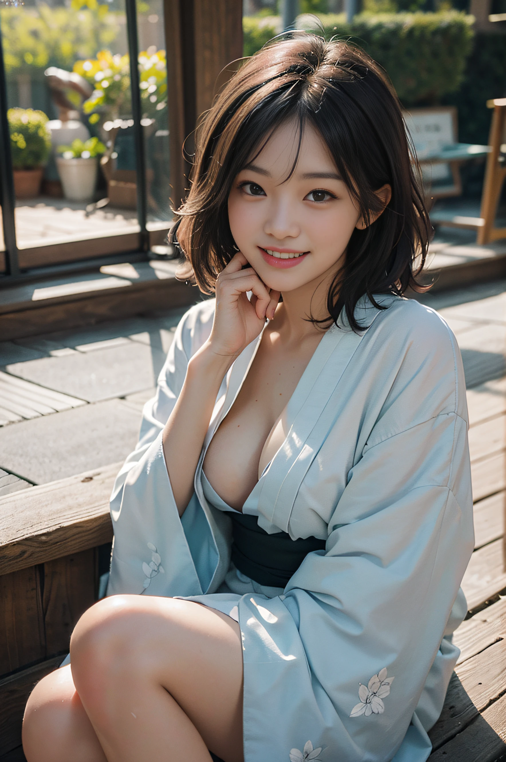 Top image quality、超A high resolution、masutepiece、Photoquality(photographrealistic:1.8)、pores、accuracy、Japan women、17 age、Girl Smile、A dark-haired、Cute dimples、Non-makeup、Medium Hair、Boyish girl、Slender girl、ample breasts、Emphasize the valleys、No underwear、no-bra、laugh face、Have a good laugh、Look straight at me、Long yukata on a white background、Goldfish pattern、Japan houses、Sitting on the porch、mosquito coil、laugh face、Have a good laugh、Facing the front、Midsummer Sun、Hot summer days、Sweaty skin、reflective light、