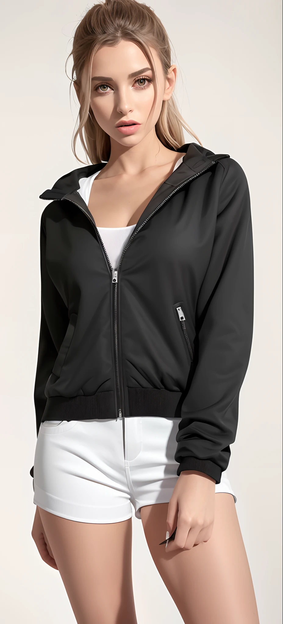 uma mulher de jaqueta esportiva preta e shorts brancos posando para uma Foto, cyber future jacket, Black jacket, jaqueta bomber preta, roupas esportivas, jaqueta esportiva, encapuzado, roupas esportivas, jacket, jaqueta preta e esportiva, em um moletom preto, vestindo uma jaqueta preta extravagante, jaqueta bomber, jaqueta curta, F / 2 2, F/22, vestindo uma jaqueta preta, fotografia realista, fotografia, obra-prima, realista, Realismo, renderizado, Alto contraste, Arte Digital, fotográficorealista, trend in Artstation 8k HD, high definiton, circunstanciado, Realistic, detalhada, textura da pele, hiperdetalhada, Textura realista da pele, melhor qualidade, ultra high-resolution, (fotografia realista: 1.4), alta resolução, detalhada, fotografia crua, Crisp resolution, Nikon d850 filme, fotografia de stock 4, Kodak Portra 400 Camera F1 Lens.6, textura hiper realista, lighting dramatic, Unrealistic trend in Artstation Cinestill 800, RAW.