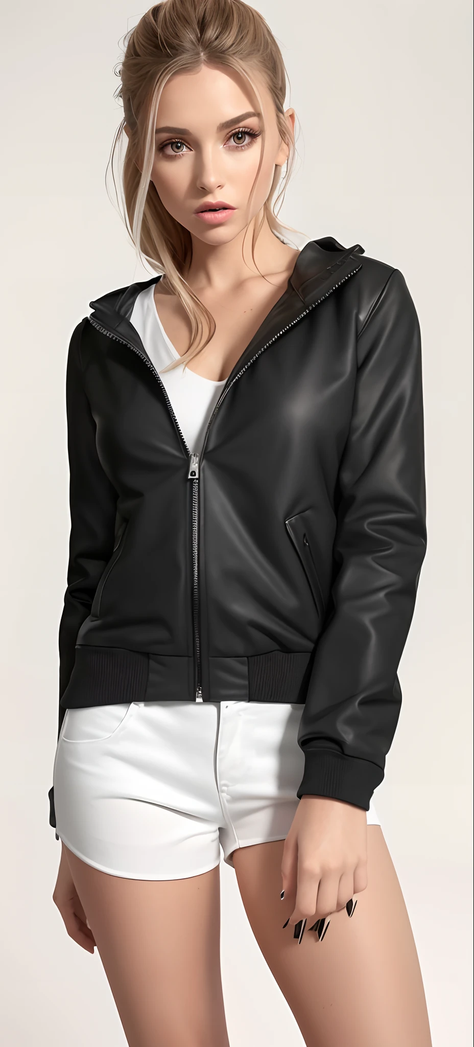 uma mulher de jaqueta esportiva preta e shorts brancos posando para uma Foto, cyber future jacket, Black jacket, jaqueta bomber preta, roupas esportivas, jaqueta esportiva, encapuzado, roupas esportivas, jacket, jaqueta preta e esportiva, em um moletom preto, vestindo uma jaqueta preta extravagante, jaqueta bomber, jaqueta curta, F / 2 2, F/22, vestindo uma jaqueta preta, fotografia realista, fotografia, obra-prima, realista, Realismo, renderizado, Alto contraste, Arte Digital, fotográficorealista, trend in Artstation 8k HD, high definiton, circunstanciado, Realistic, detalhada, textura da pele, hiperdetalhada, Textura realista da pele, melhor qualidade, ultra high-resolution, (fotografia realista: 1.4), alta resolução, detalhada, fotografia crua, Crisp resolution, Nikon d850 filme, fotografia de stock 4, Kodak Portra 400 Camera F1 Lens.6, textura hiper realista, lighting dramatic, Unrealistic trend in Artstation Cinestill 800, RAW.