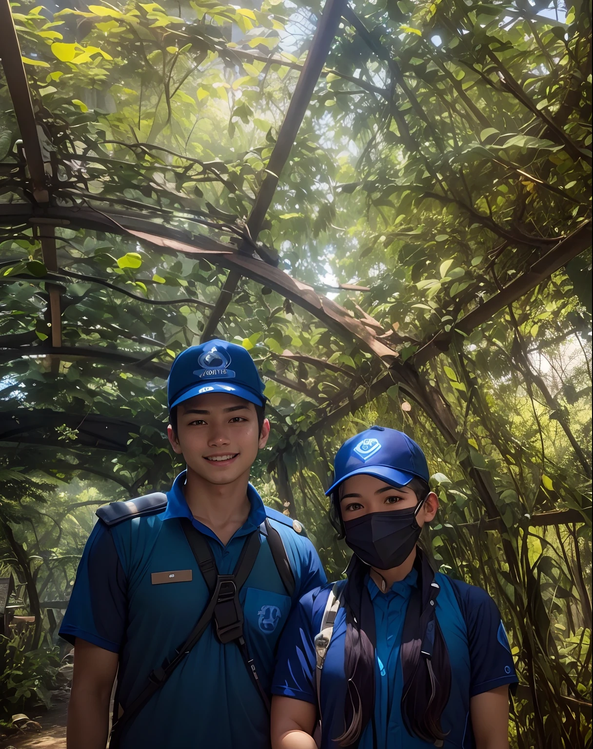 a cute girl wearing mask, the boy with friendly Smile, both of them in deep blue uniform,   standing under a pergolated structure, amidst of nature fully covered, shot on iphone 1 3 pro max, shot on iphone 1 3 pro, foto, taken on iphone 1 3 pro, shot on nikon z9, taken in zoo, wpol and sarasti, taken on iphone  pro, in jungle forest !!!, professional