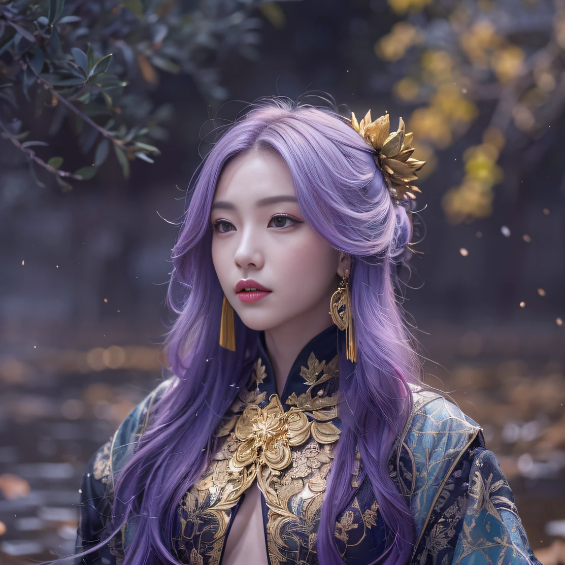 Genki Girl 32K(tmasterpiece,k hd,hyper HD,32K)Long flowing bright purple hair,Autumn Pond,zydink, a color, Asian people (Genki girl), (Silk scarf), Combat posture, looking at the ground, long whitr hair, Floating bright purple, Fire cloud pattern gold tiara, Chinese long-sleeved gold silk garment, (Abstract metaverse splash:1.2), white backgrounid,Lotus vitality protector(realisticlying:1.4),Bright purple hair,Smoke on the road,The background is pure, A high resolution, the detail, RAW photogr, Sharp Re, Nikon D850 Film Stock Photo by Jefferies Lee 4 Kodak Portra 400 Camera F1.6 shots, Rich colors, ultra-realistic vivid textures, Dramatic lighting, Unreal Engine Art Station Trend, cinestir 800,A girl with long flowing bright purple hair