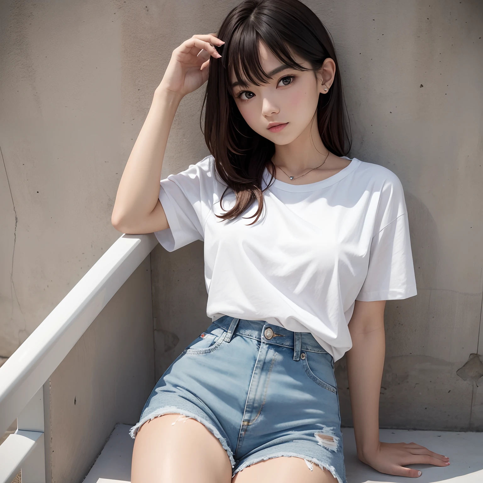 1 girl,white t-shirt,short denim pants,benny,looking at viewer