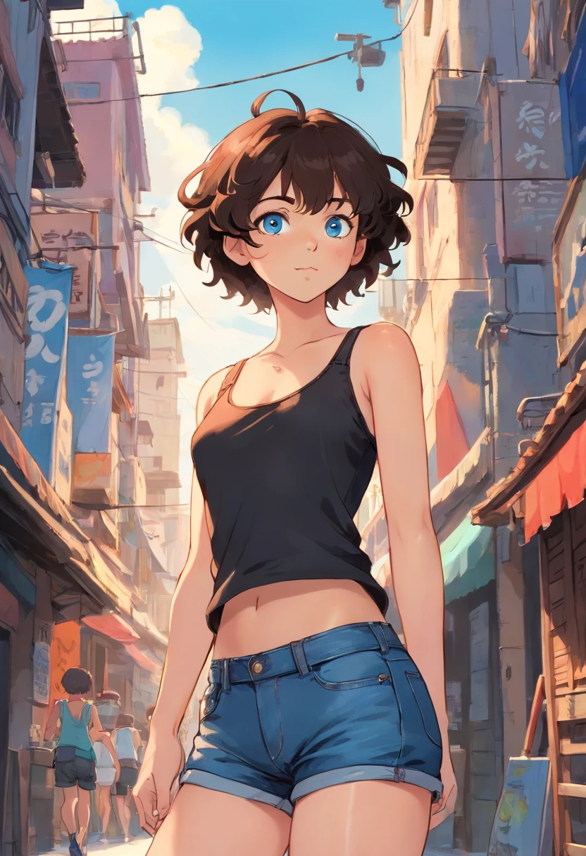 thick Urban Puerto Rican woman with short curly hair, blue eyes, freckles and a big nose in a tank top and black  jeans shorts , big booty  , sexy body