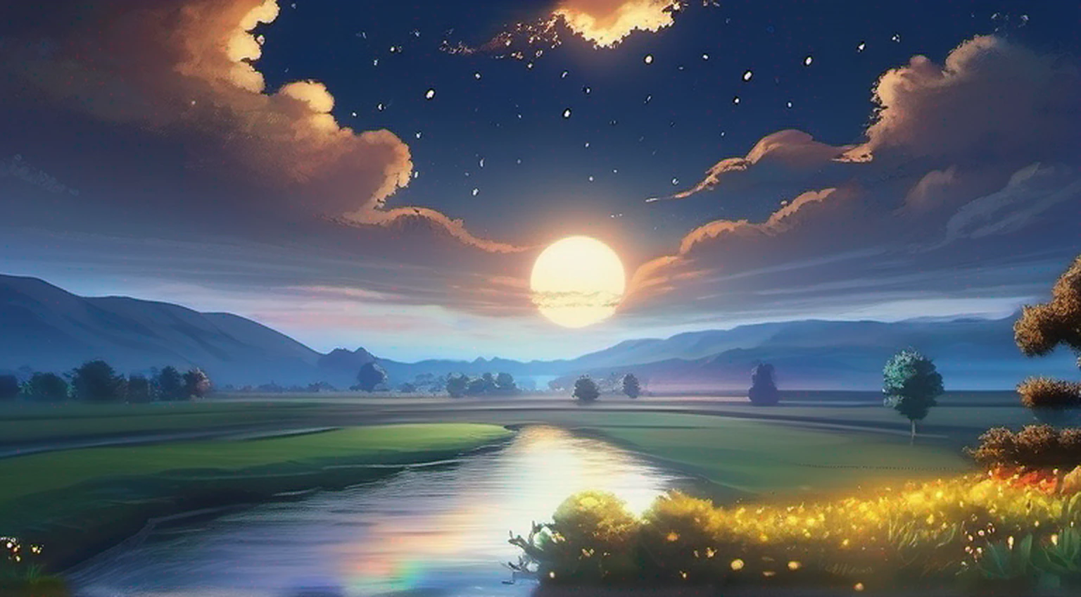 A painting of a river with stars and moon in the sky, concept art inspired by Tosa Mitsuoki, pixiv contest winner, best quality, fantasy art, beautiful anime scene, golden moon. A bright moon, starry sky environment under the moonlight, dream painting, anime background art, fantasy landscape art, dreamy night, anime background, background artwork, dreamy art, atmospheric anime, starry sky, details enhanced.