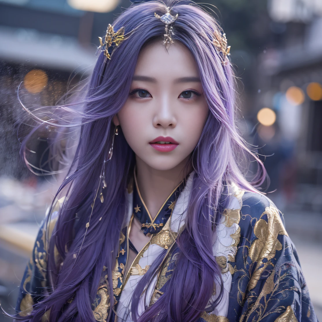 Genki Girl 32K（tmasterpiece，k hd，hyper HD，32K）Long flowing bright purple hair，Autumn Pond，zydink， a color， Asian people （Genki girl）， （Silk scarf）， Combat posture， looking at the ground， long whitr hair， Floating bright purple， Fire cloud pattern gold tiara， Chinese long-sleeved gold silk garment， （Abstract metaverse splash：1.2）， white backgrounid，Lotus vitality protector（realisticlying：1.4），Bright purple hair，Smoke on the road，The background is pure， A high resolution， the detail， RAW photogr， Sharp Re， Nikon D850 Film Stock Photo by Jefferies Lee 4 Kodak Portra 400 Camera F1.6 shots, Rich colors, ultra-realistic vivid textures, Dramatic lighting, Unreal Engine Art Station Trend, cinestir 800，A girl with long flowing bright purple hair