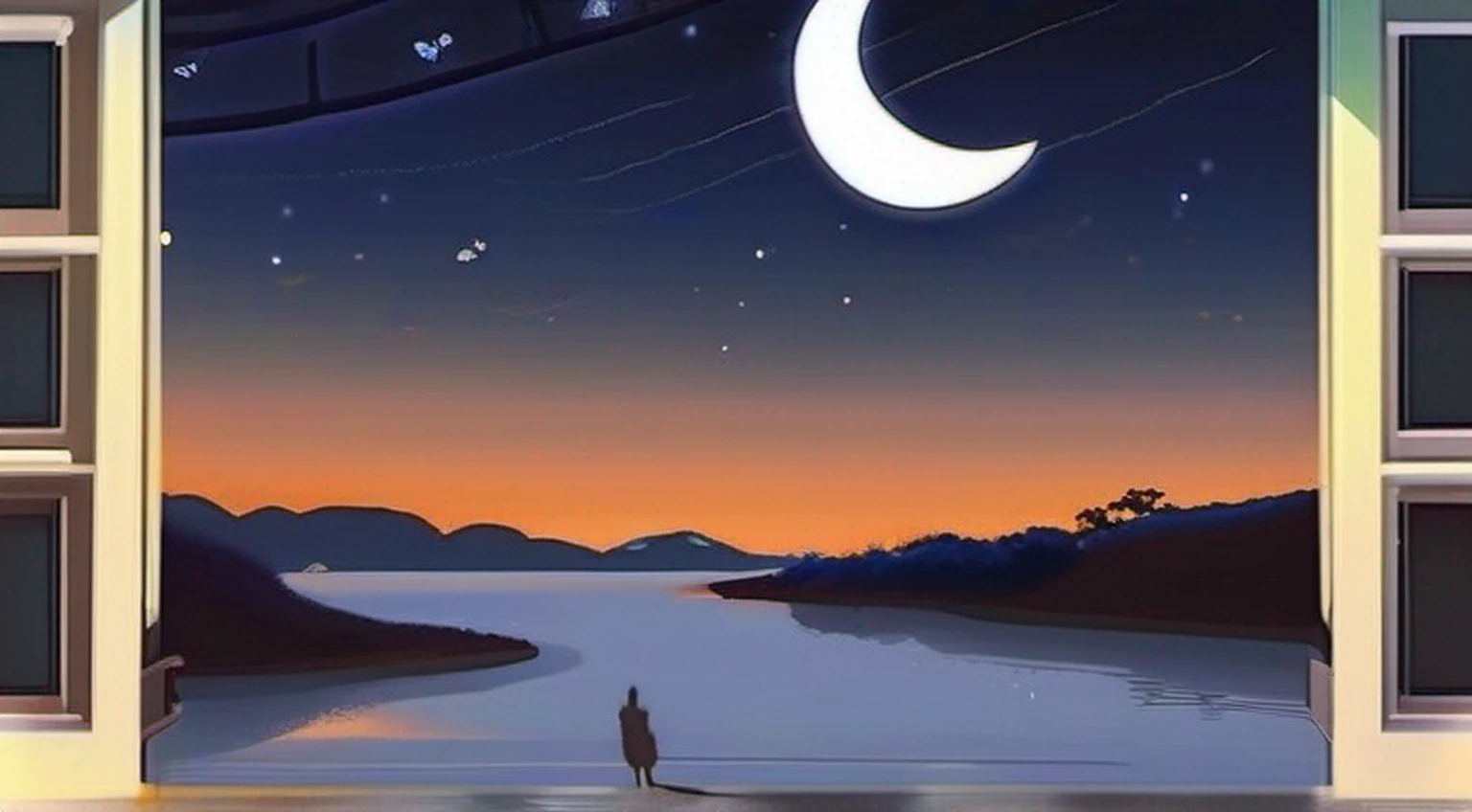 A painting of a river with stars and moon in the sky, concept art inspired by Tosa Mitsuoki, pixiv contest winner, best quality, fantasy art, beautiful anime scene, golden moon. A bright moon, starry sky environment under the moonlight, dream painting, anime background art, fantasy landscape art, dreamy night, anime background, background artwork, dreamy art, atmospheric anime, starry sky, details enhanced.