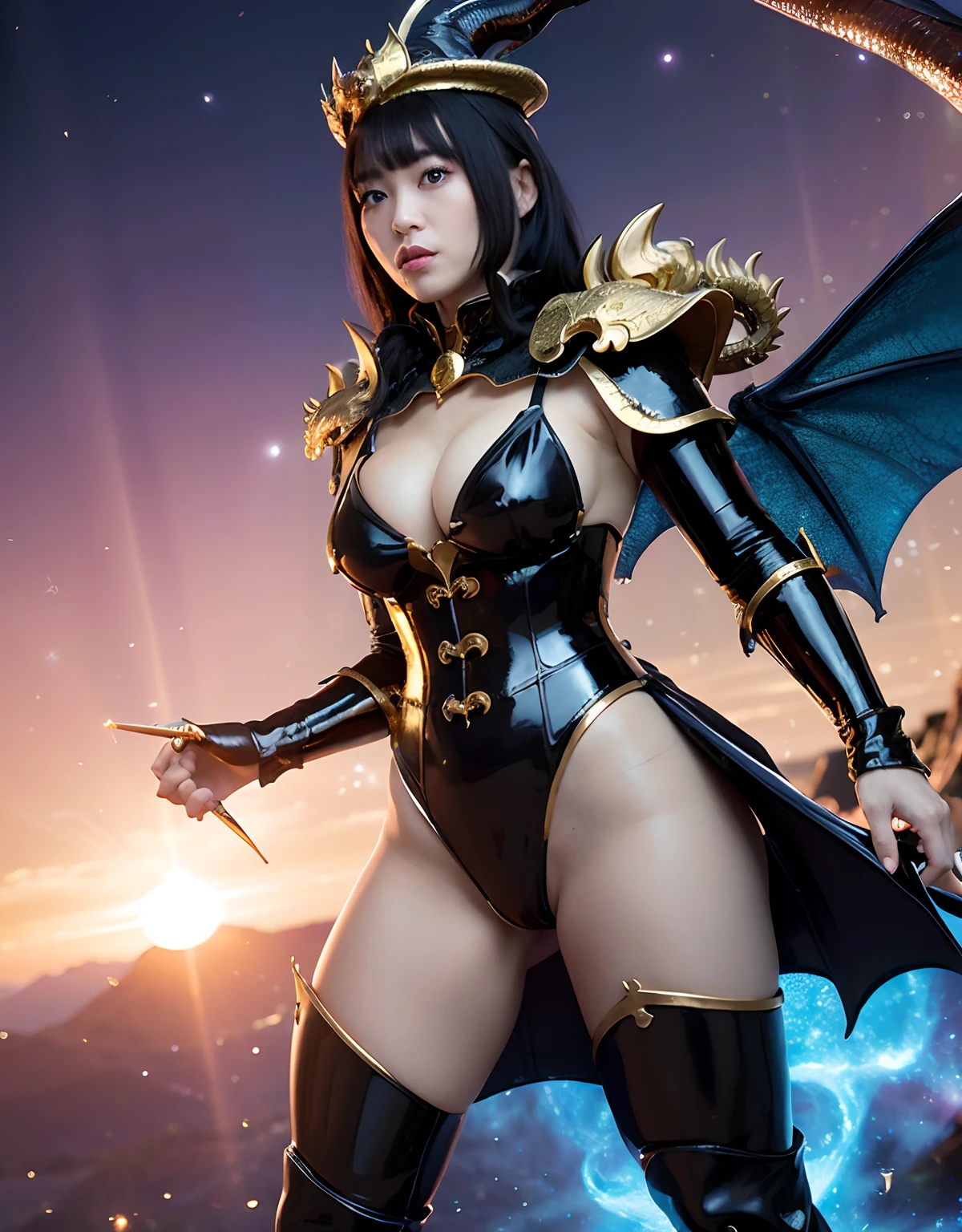 ((World of Darkness)),Professional , masterpiece、top-quality、photos realistic , depth of fields 、(((Fight dragons))),(Dragon Black Metal Body:1.9),(Latex Blue、(cleavage of the breast),(Fight dragons)、Full Body Angle、(((Particles of light))),(Micro Bikini Armor:1.7),Gorgeous gold weapons ,(Fight dragons)、Seductive look、The face of the dragon is out、(blood splattere、Armpit、((((With a magic wand))), ) , (((Wearing a black latex wizard hat))),(demonic wings) ,((a blond))、(Castle background)、((Gangle's forest background))、Beautiful Caucasian beauty、1a person、Armpit、dynamic ungle,(((Detailed Gold Dragon Wizard Hat)))、Smaller head、A smile、Castle background、Thin and beautiful female hands、cleavage of the breast、Soldier in iron armor on background、Mystical expression、Light Effects、intense fighting、Wind-effect、magic circles、With the legendary magic wand、Dragon's tail、explosions、Toostock、Toostock、(Beautuful Women),